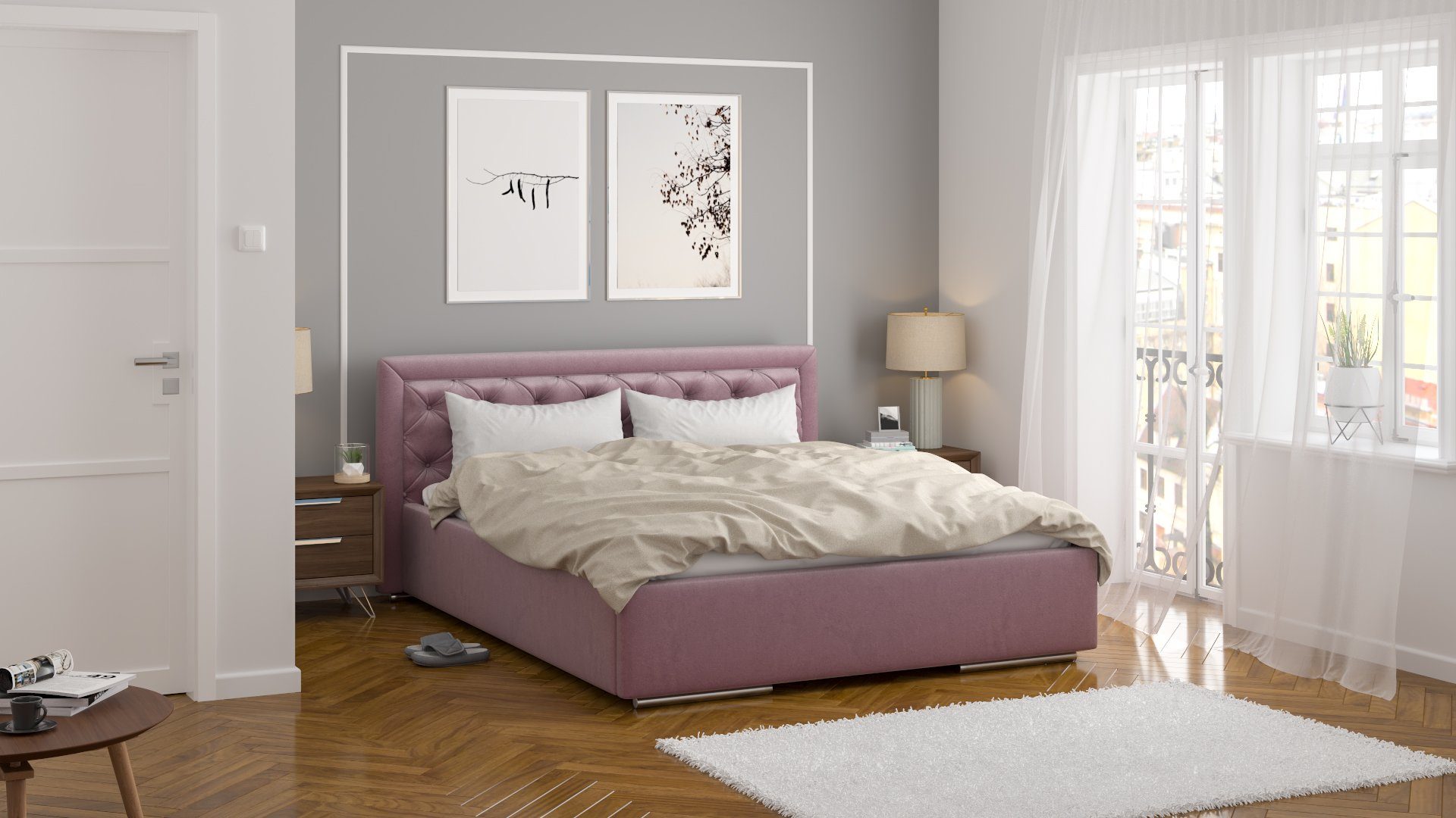 Siblo Bett Mallorca Bettzeugbehälter), Holzlatten, Möbelplatte Rosa mit (Metallrahmen