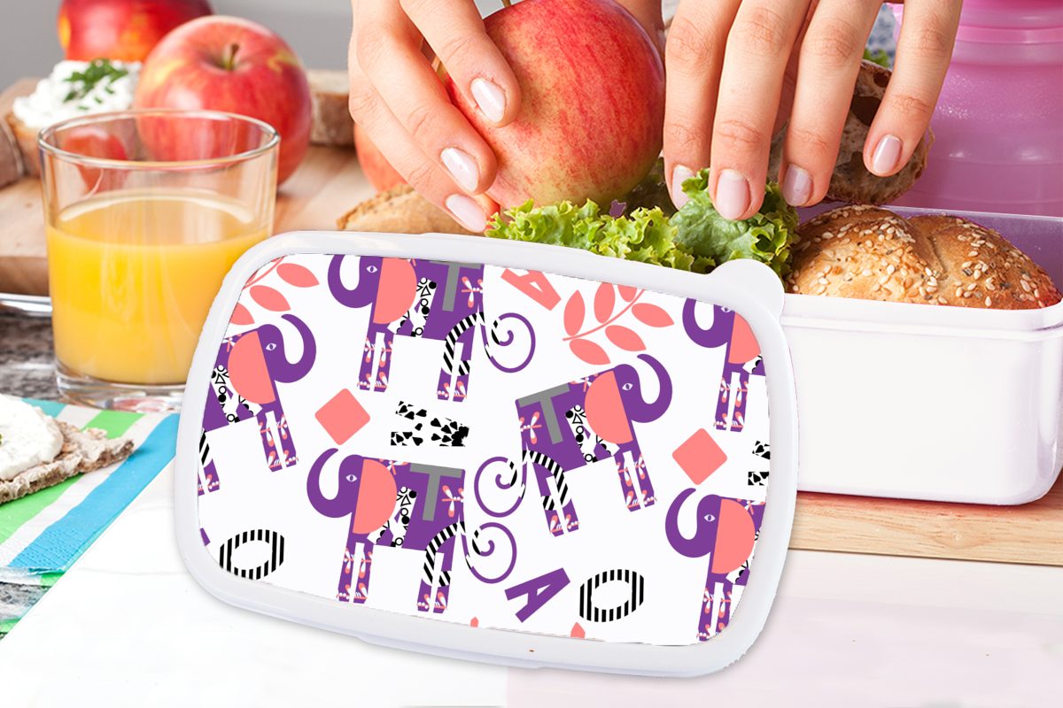 Brotdose, für (2-tlg), Mädchen Lunchbox MuchoWow für - - Erwachsene, Brotbox und Kinder Jungs Blätter Muster, - Lila weiß Elefanten und Kunststoff,