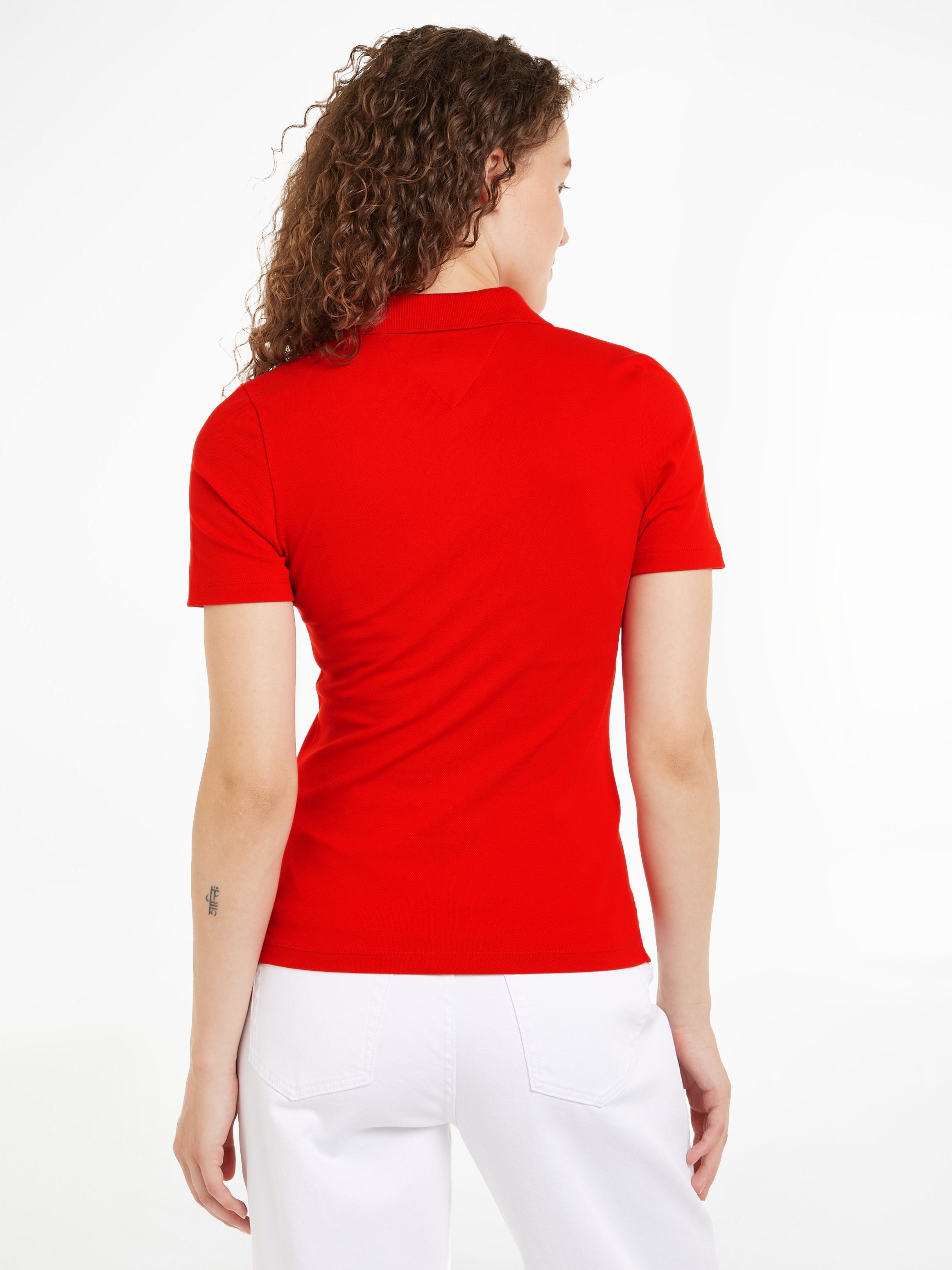 Hilfiger PIQUE SS Tommy Poloshirt SLIM dezenter POLO Tommy Fierce_Red 1985 mit Hilfiger Logostickerei