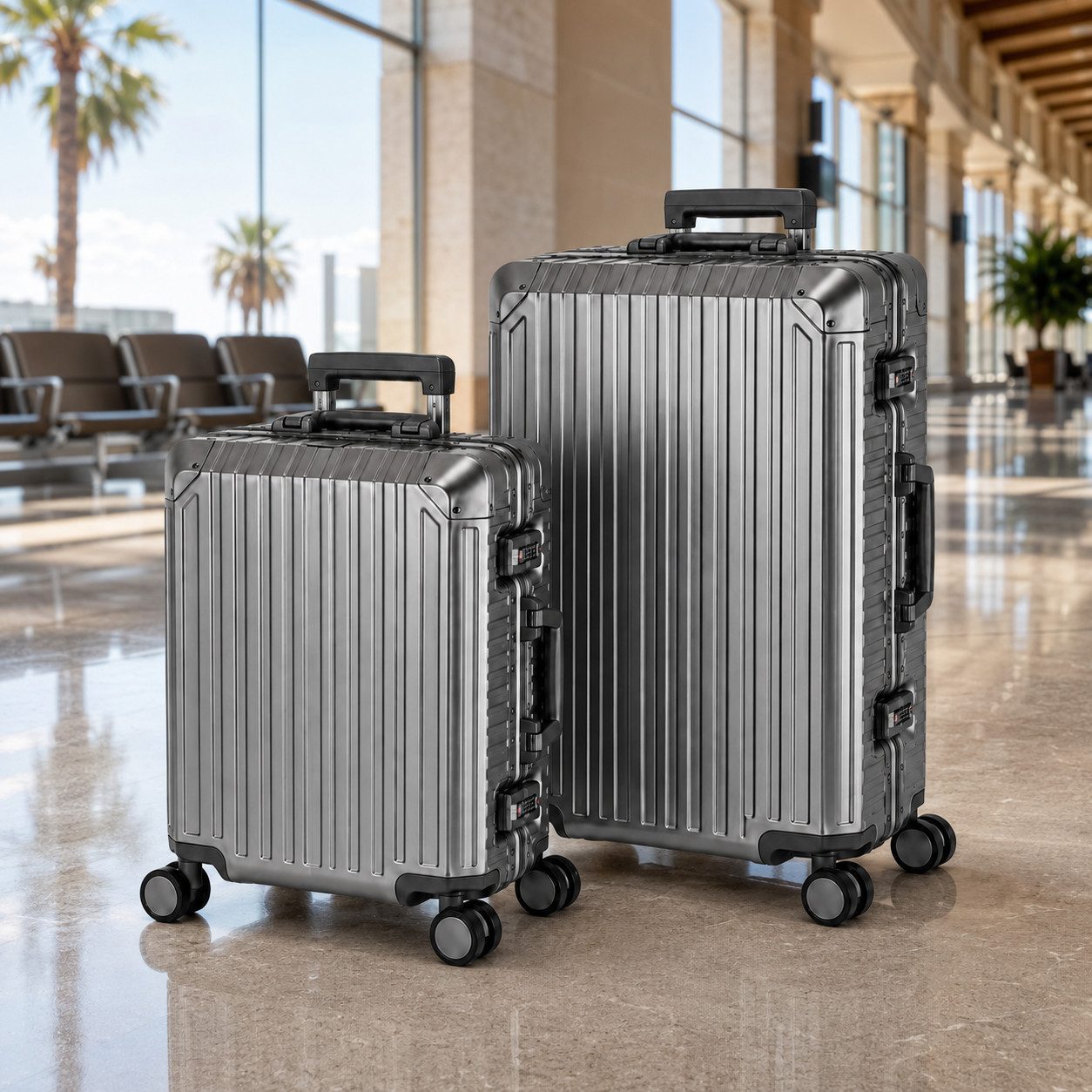 Travelhouse Kofferset 100% Aluminium TOKYO - verschiedene Farben, 4 Rollen, (2 tlg., S+M), Zipperless - Kein Reißverschluss, TSA Zahlenschloss, Nassfach