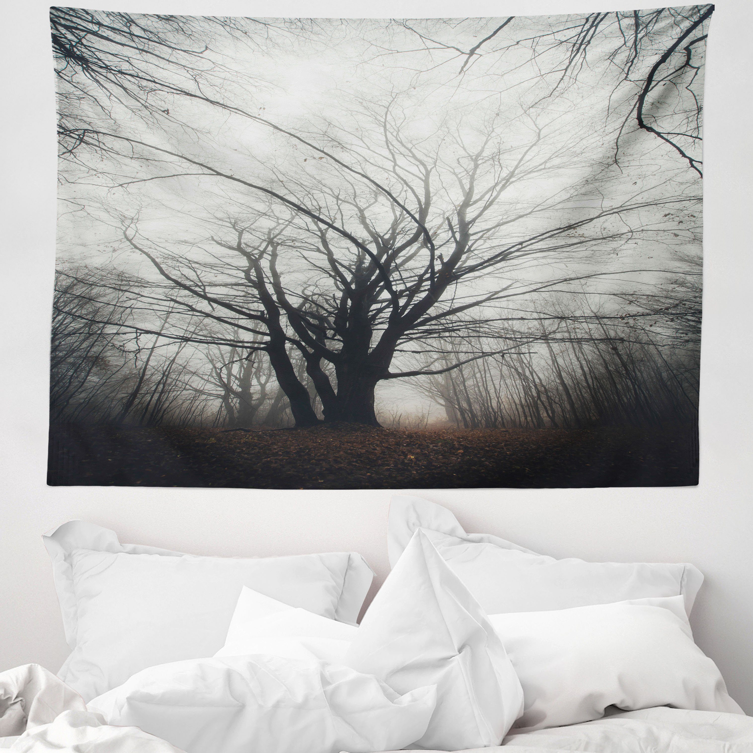 Wandteppich aus Weiches Mikrofaser Stoff Für das Wohn und Schlafzimmer, Abakuhaus, rechteckig, Natur Herbst-Baum im Nebel Dunkel
