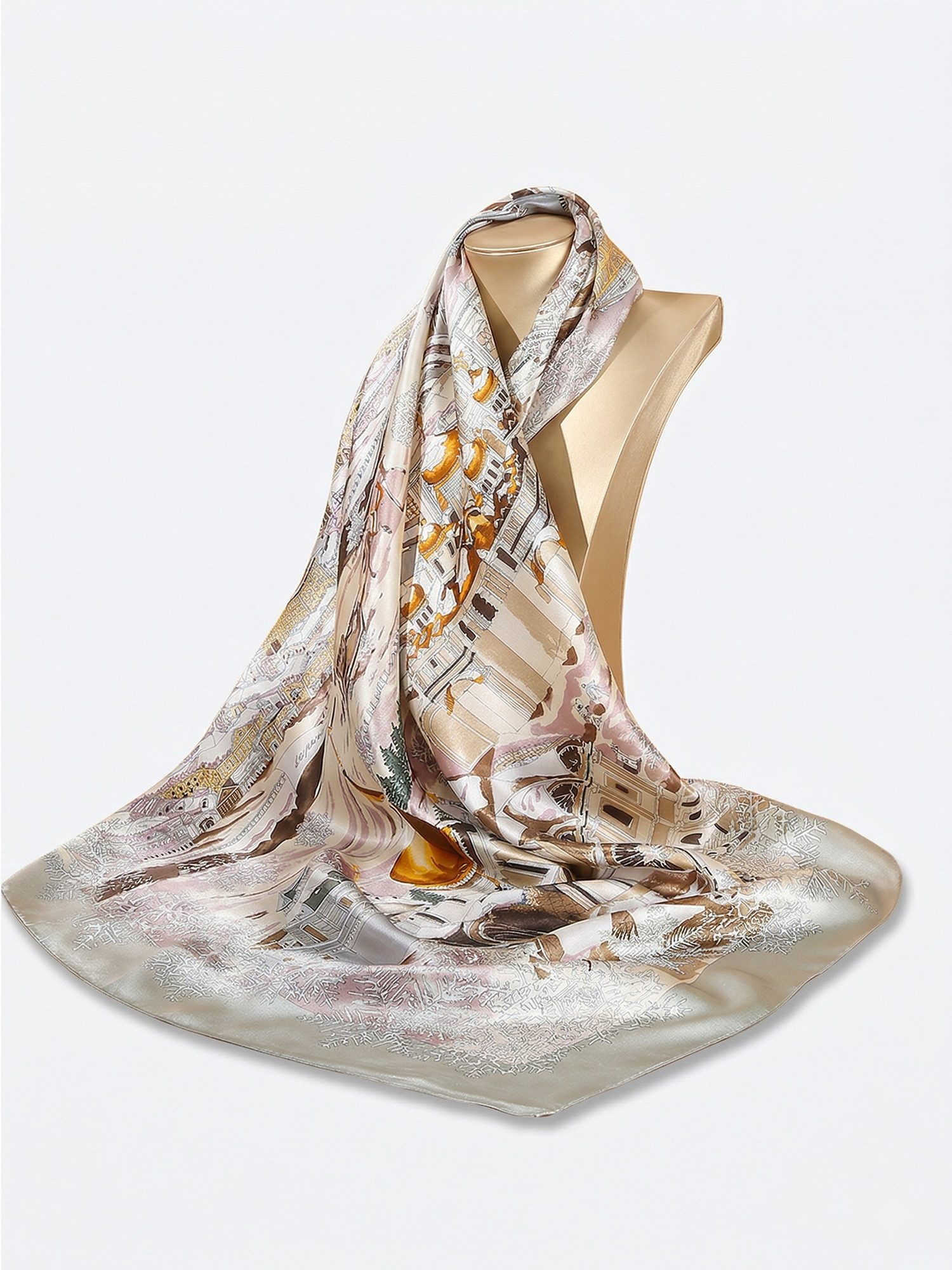 Vivi Idee Seidenschal 100% Maulbeerseide Seidenschal Winterstadt, Quadratisches 88x88 cm, bedrucktes Seidenschal