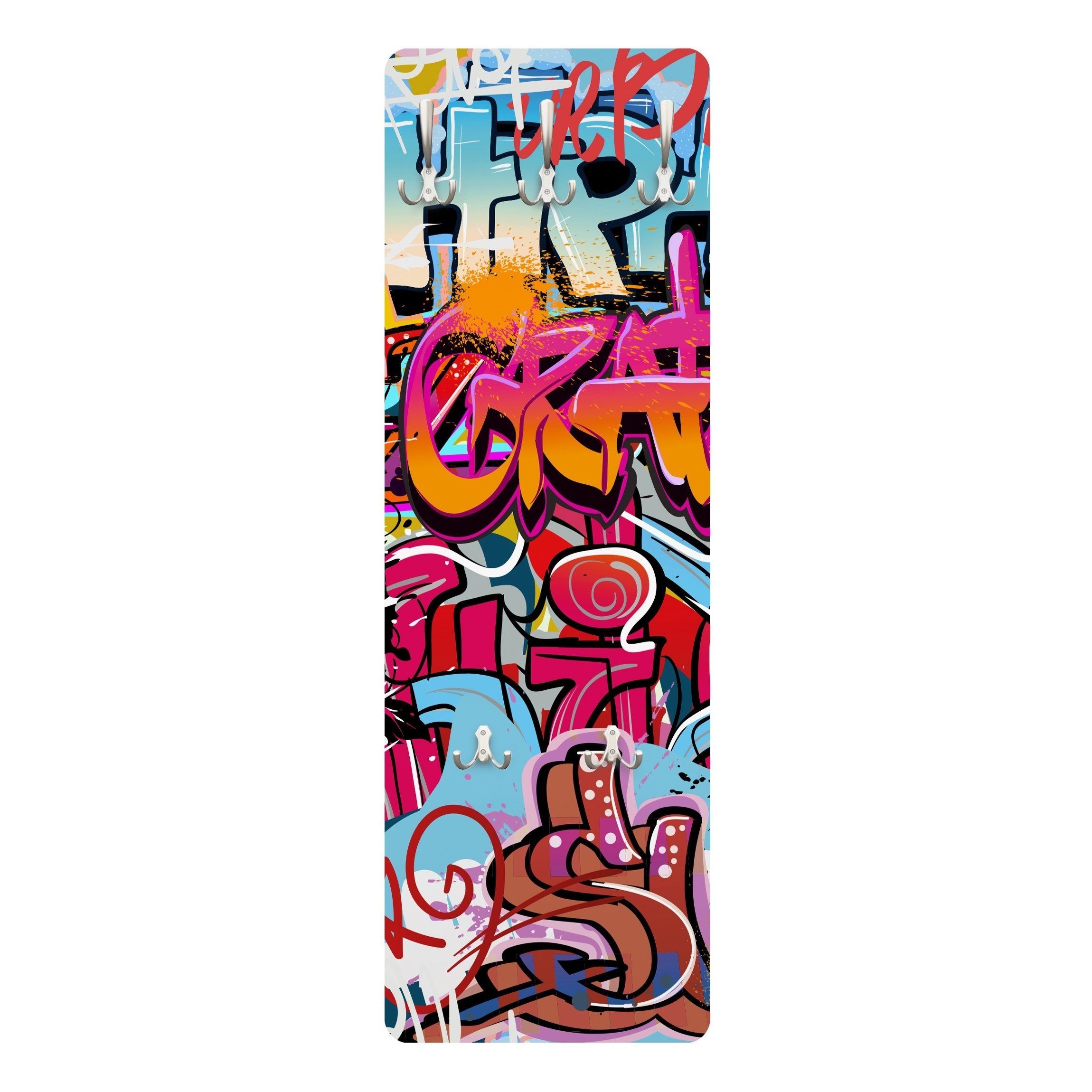 Bilderdepot24 Garderobenpaneel bunt Kinder Sprüche HipHop Graffiti Design (ausgefallenes Flur Wandpaneel mit Garderobenhaken Kleiderhaken hängend), moderne Wandgarderobe - Flurgarderobe im schmalen Hakenpaneel Design