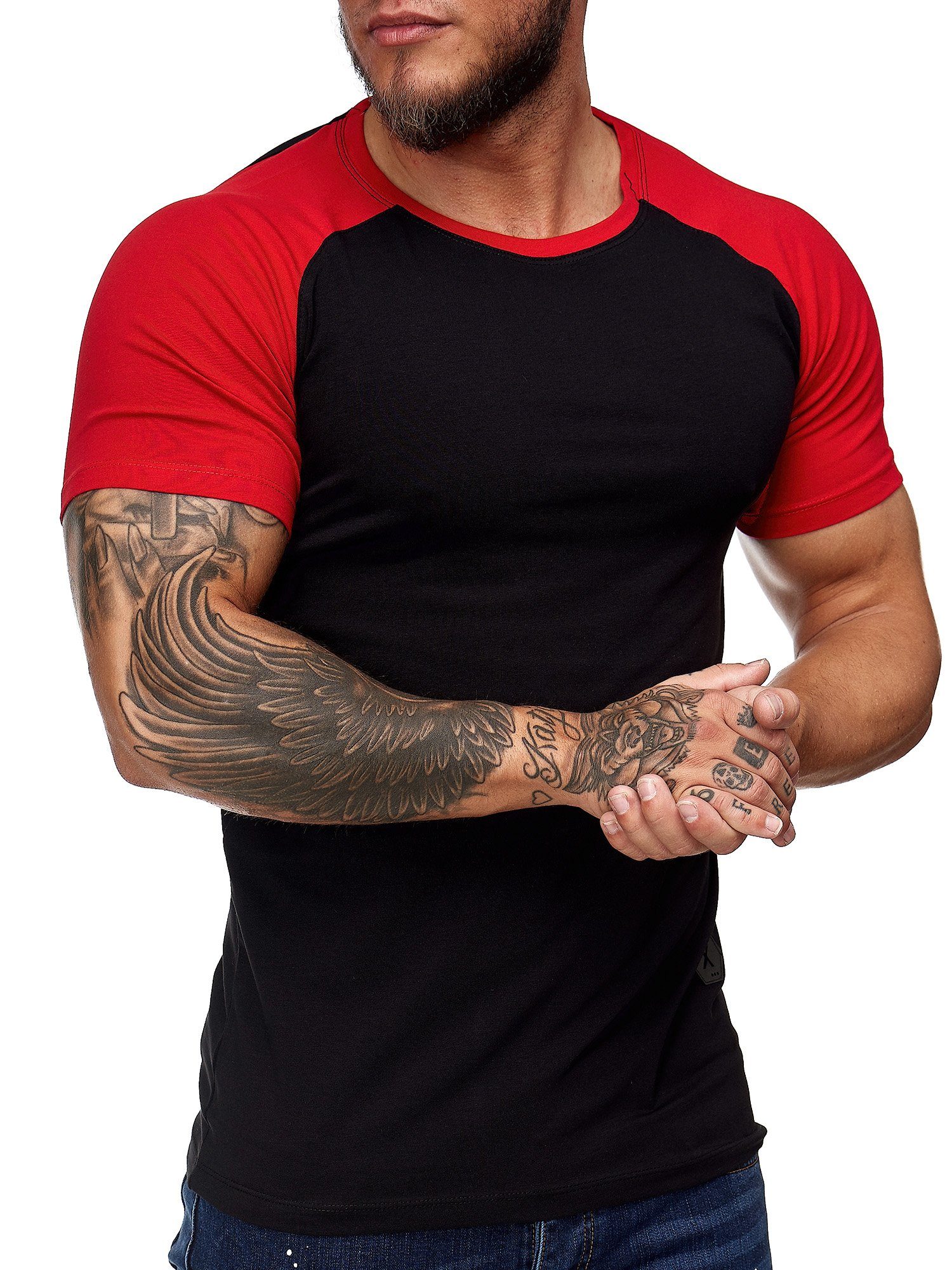 Schwarz Rot Freizeit im 2031ST Fitness T-Shirt modischem Polo 1-tlg., Kurzarmshirt OneRedox (Shirt Design) Tee, Casual