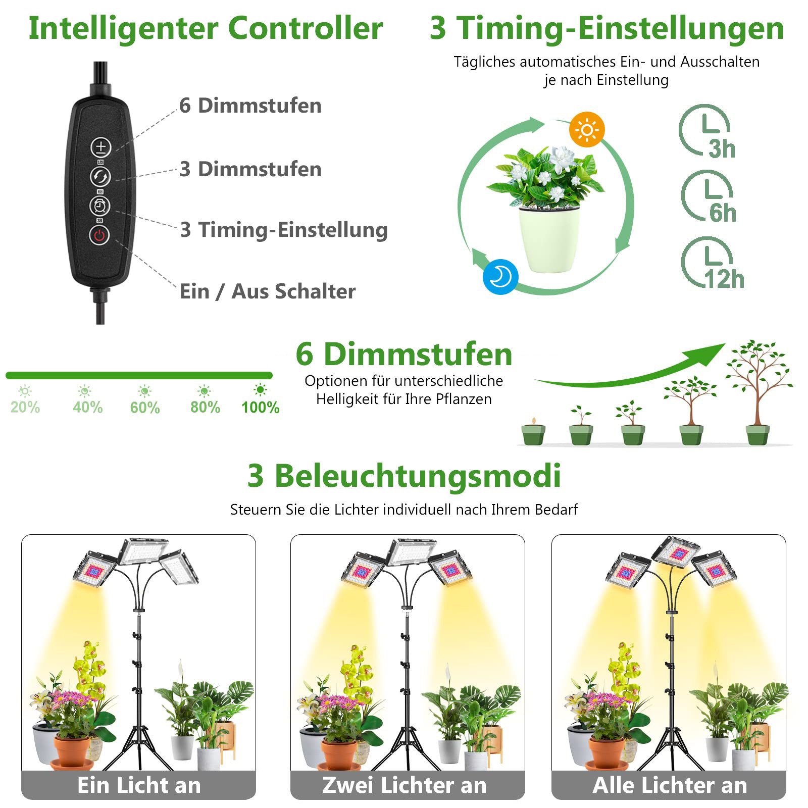 Sunicol Pflanzenlampe LED Vollspektrum mit Ständer, Höhenverstellbar, Zeitschaltuhr 3/6/12H, 6 Lichtstärken LED Wachstumslampe für Pflanzen, Gemüse