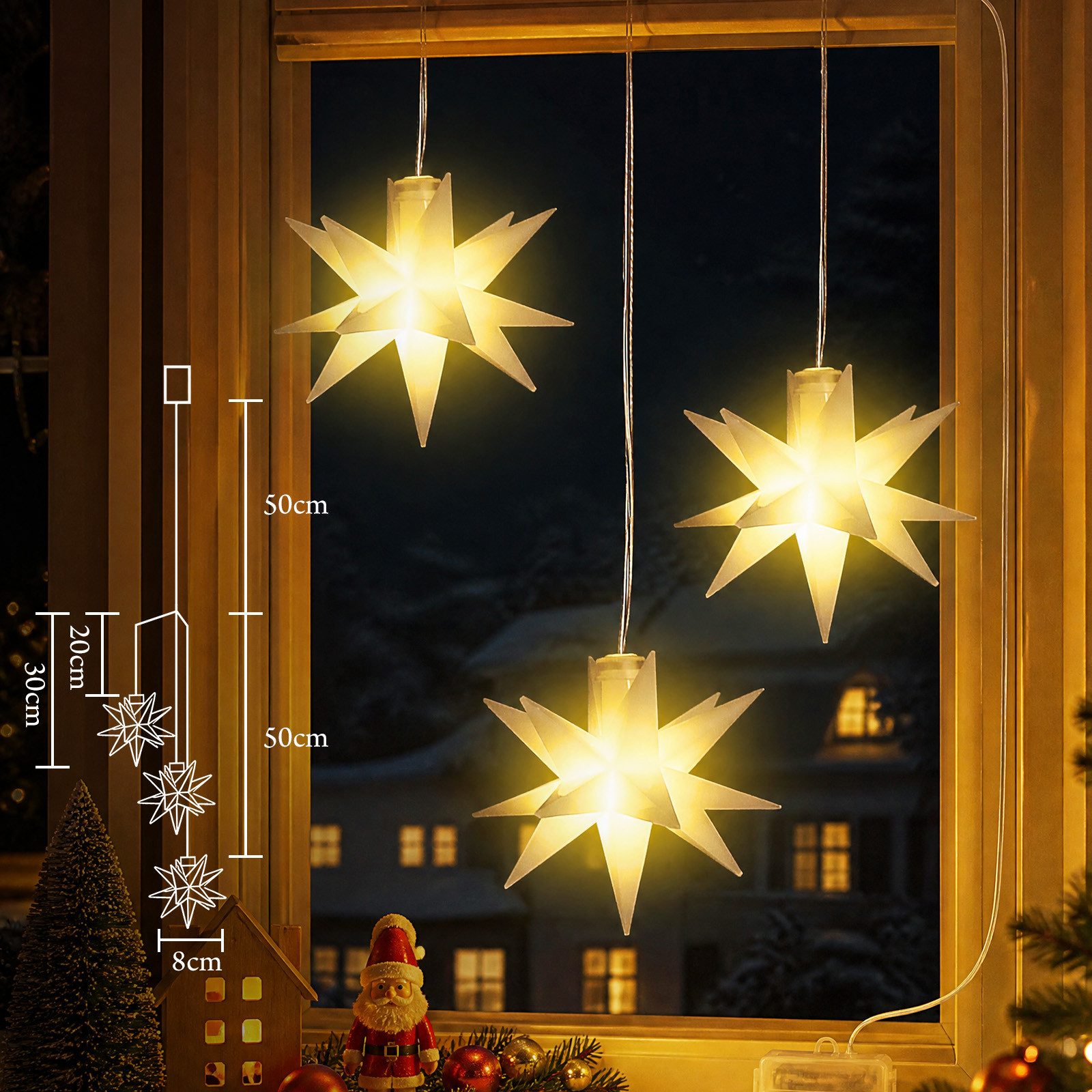 Salcar LED-Lichterkette 3D LED Weihnachtsstern Beleuchtet LED Explodierende Sterne 3er/6er, 3D Leuchtstern Weihnachten Fenster Outdoor Weihnachtsdeko Warmweiß – Bild 4 von 5