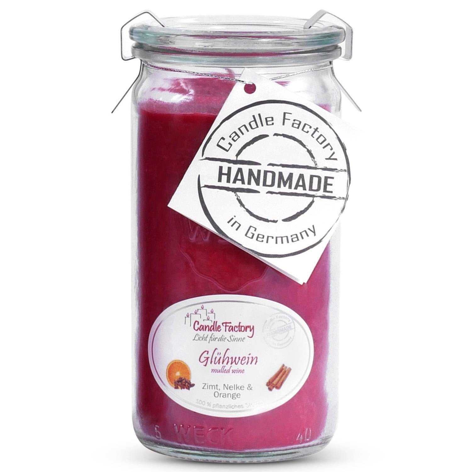 Landshop24 Duftkerze Candle-Factory Duftkerze aus Stearin im Weckglas Mini Jumbo (Duft: Glühwein), brennt bis zu 70h