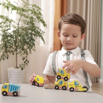 New Classic Toys® Spielzeug-Traktor Baufahrzeuge Holz 5 Fahrzeuge Bagger Betonmischer Radlader Walze LKW