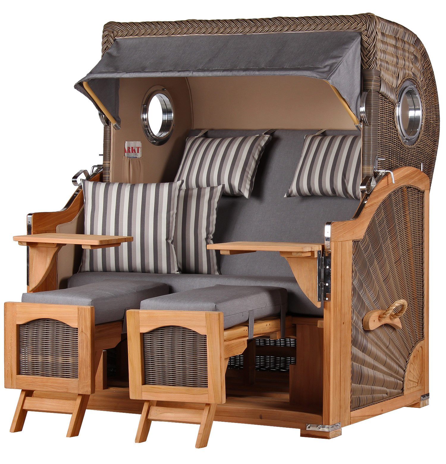 bene living Strandkorb Ammersee Grande XL Teak - PE grau - Modell 544, BxTxH: 142x95x165 cm, Volllieger ca. 175 Grad, Ostsee-Strandkorb Komplettset, inkl. Liftersystem und Bullaugen