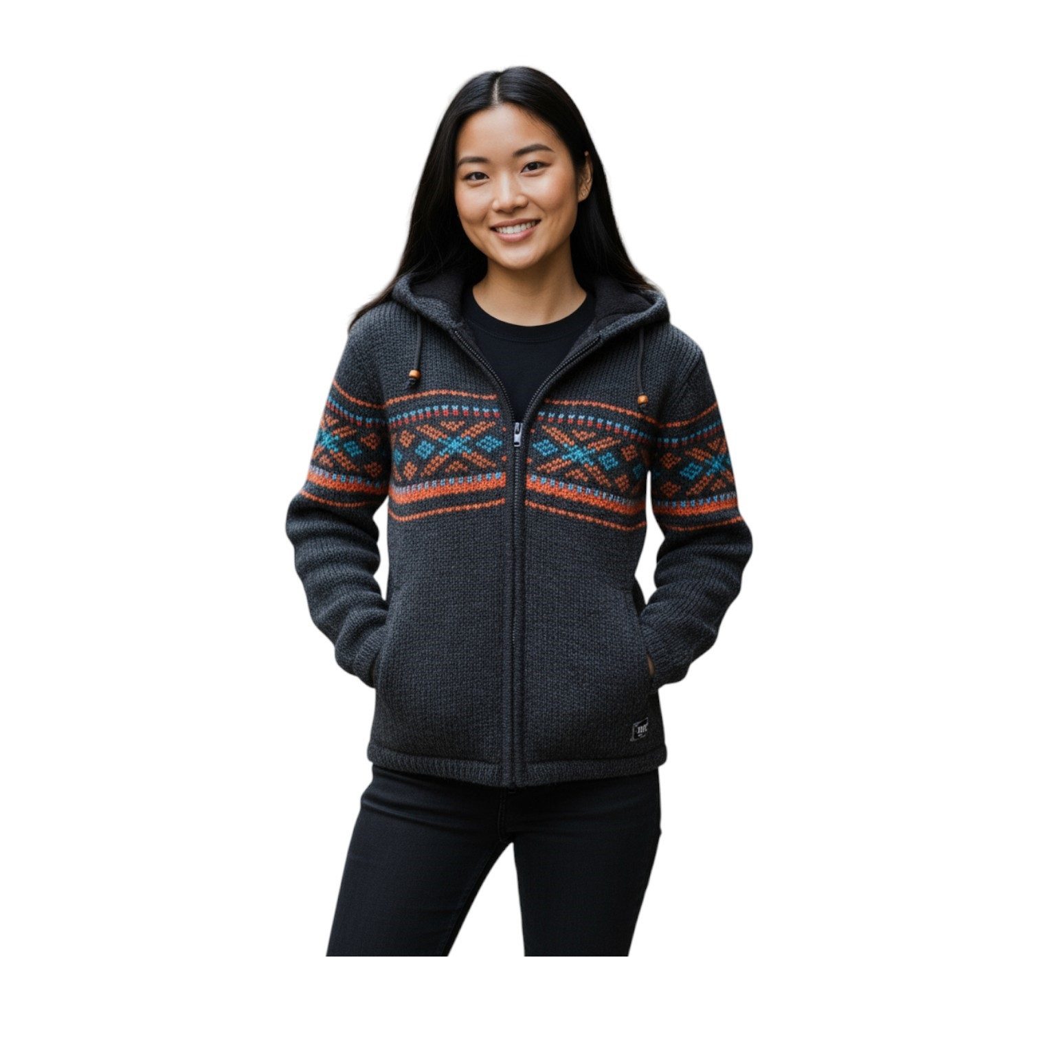 THC Natural Line Strickjacke THC Strickjacke 819 schwarz bunt (1 Stück, 1-tlg., 1 Stück) Strickjacke mit abnehmbarer Kapuze