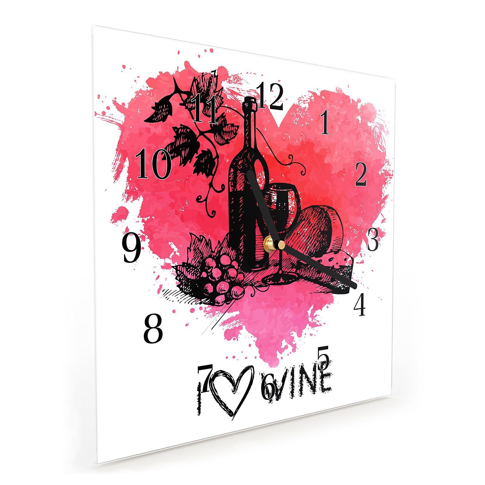 Primedeco Wanduhr Glasuhr Wanduhr Wandkunst 30 in Größe Wein Herzform mit x Motiv von Banner 30 cm