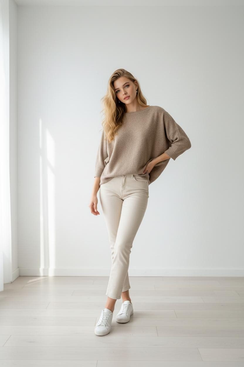 Zuckerwatte Fledermauspullover mit modisch hohem Armbund, aus weicher Merino Kaschmir Mischung