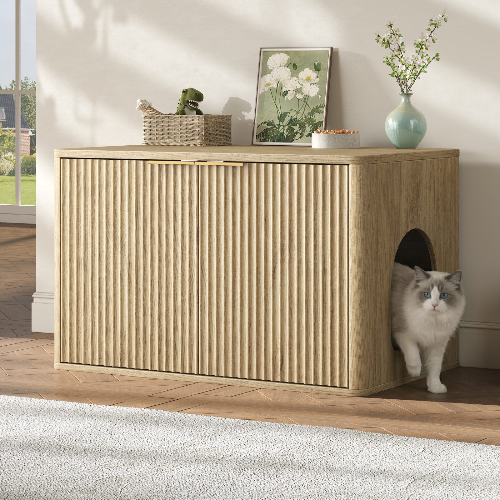 BlingBin Sideboard 80CM Beistelltisch Katzenklo-Schrank Katzenhaus mit Tür (1 Stück, 1 St., 80L x 50B x 50H cm), moderner Bohemia-Katzenhaus-Katzen-Beistelltisch für Wohnzimmer