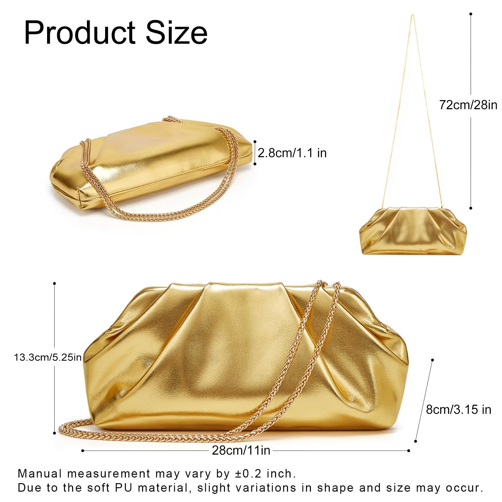 Coonoor Clutch Damen, Elegante, plissierte Abendtasche aus weichem Kunstleder, mit abnehmbarer Kette, ideal für Hochzeiten & Partys