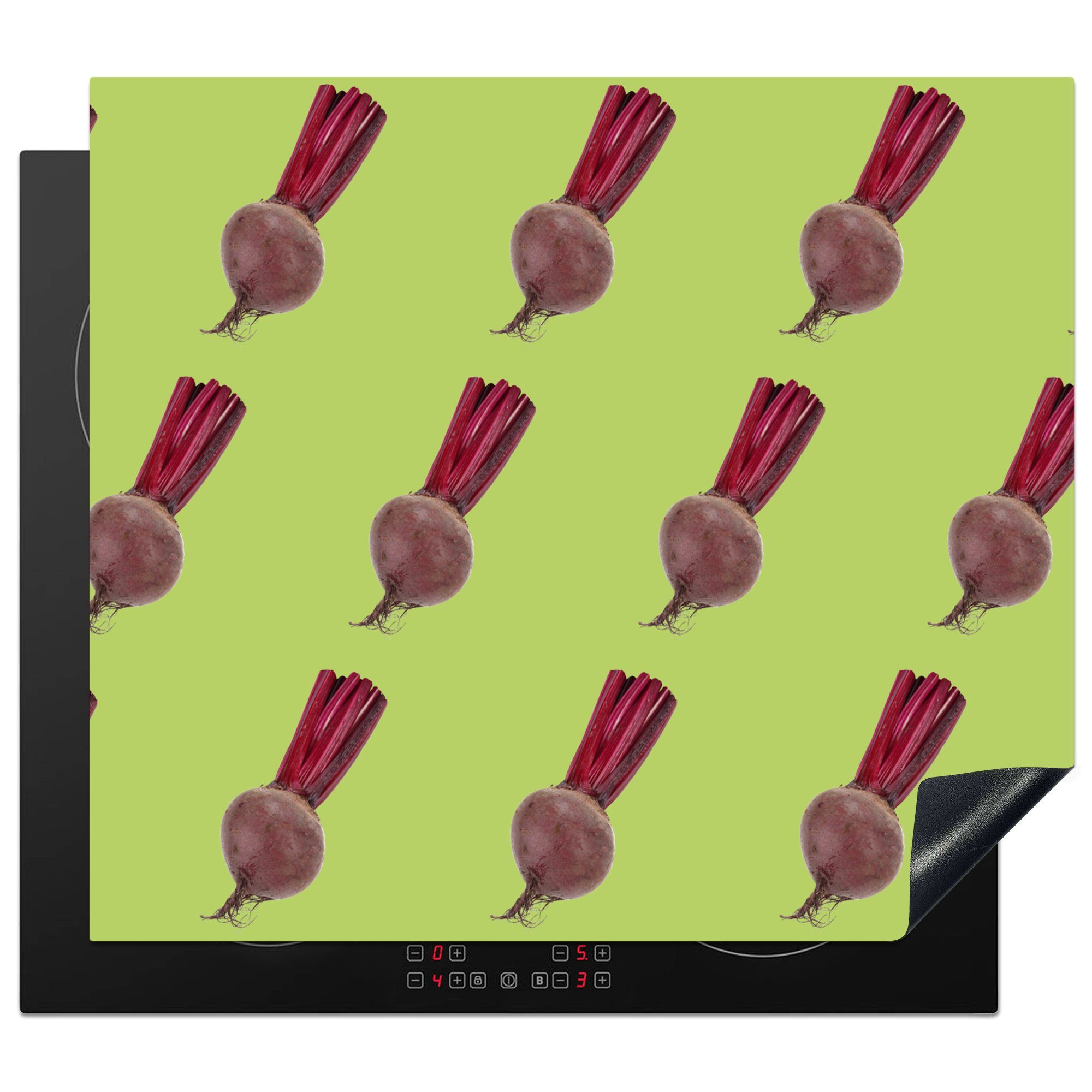 MuchoWow Herdblende-/Abdeckplatte Gemüse - Rote Bete - Muster - Grün, Vinyl, (1 tlg), 59x52 cm, Ceranfeldabdeckung für die küche, Induktionsmatte