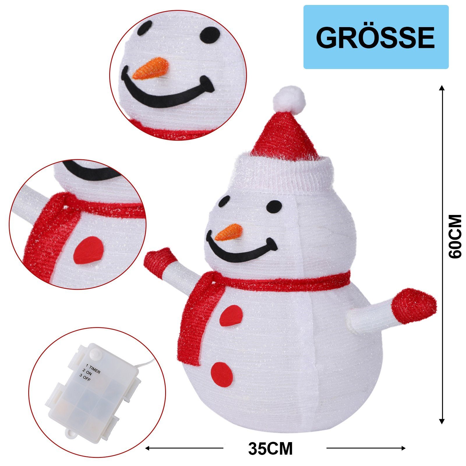 Rosnek Schneemann zusammenklappbar, 40LEDs, Timer, Batterie, für Weihnachtsfeier Deko, Weihnachtsschneemann
