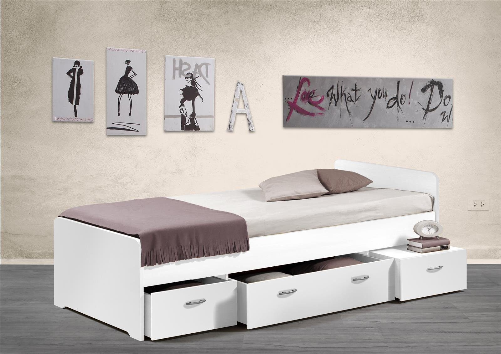 möbelando Bett »Bradford«, Modernes Bett aus Spanplatte in Weiß mit 3  Schubkästen. Liegefläche 90 x 200 cm. Breite 95 cm, Höhe 66 cm, Tiefe 204 cm
