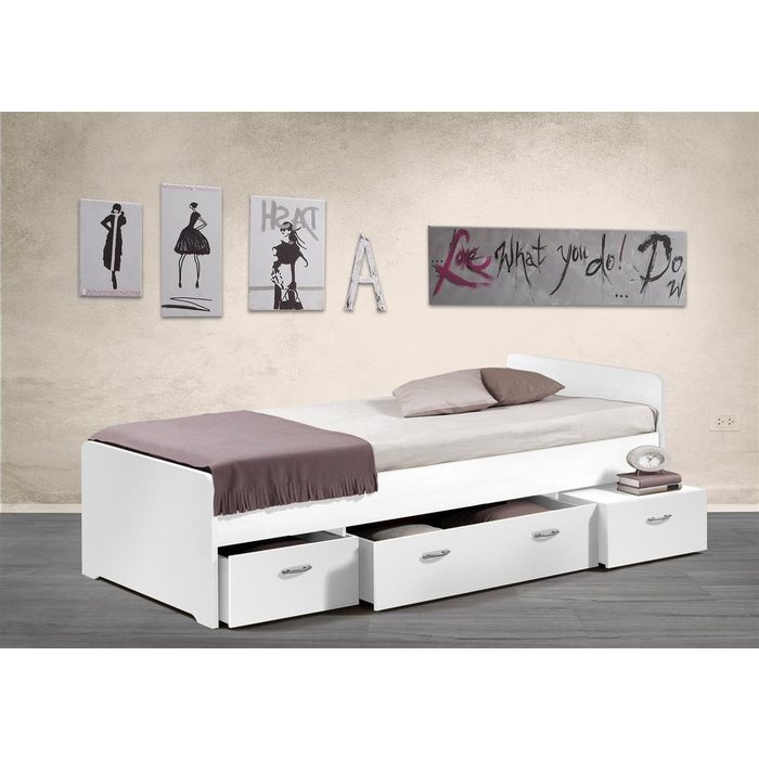 möbelando Bett Bradford Modernes Bett aus Spanplatte in Weiß mit 3 Schubkästen. Liegefläche 90 x 200 cm. Breite 95 cm Höhe 66 cm Tiefe 204 cm
