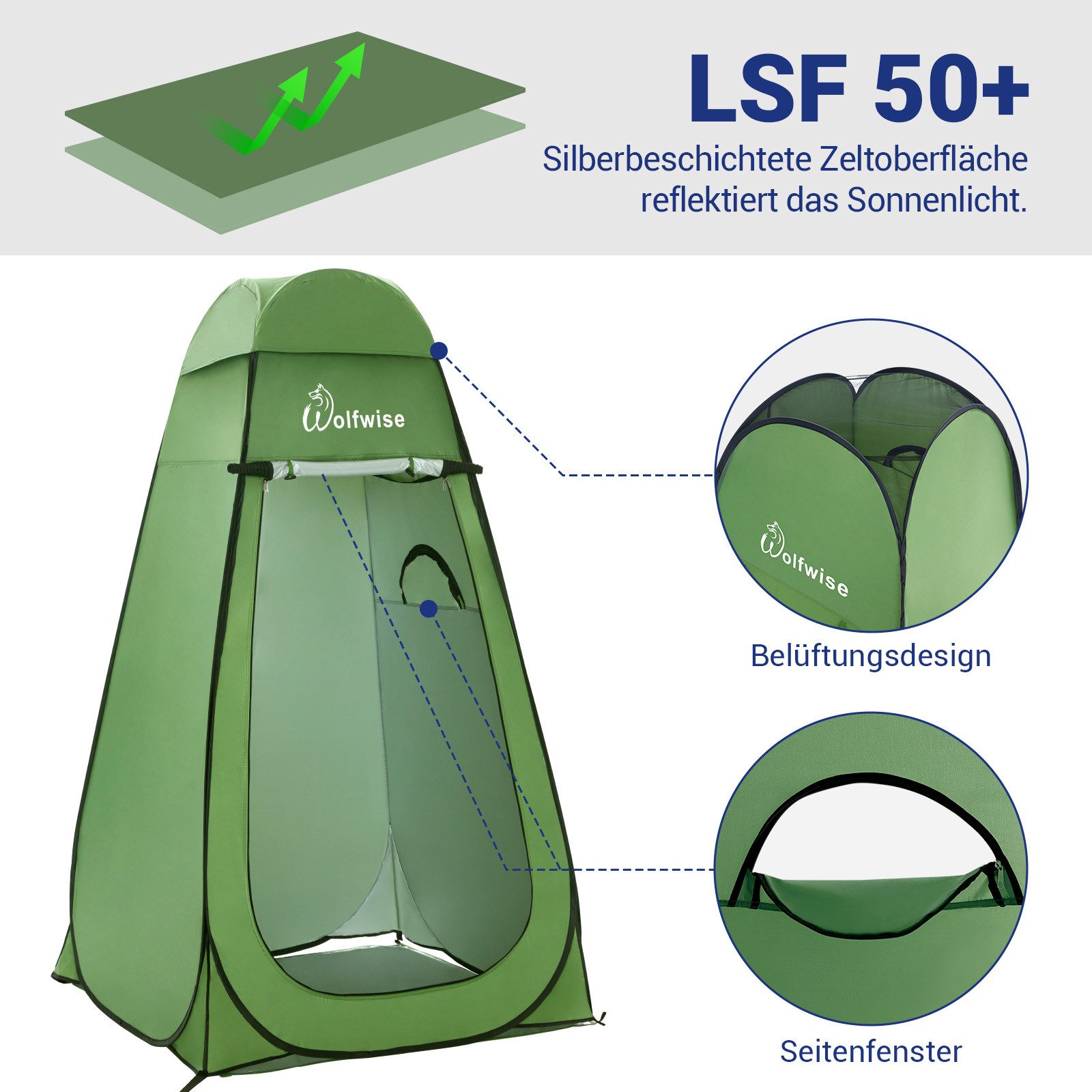 Wolfwise Faltzelt Pop-Up Duschzelt Camping & Umkleidezelt mit Boden – Silberbeschichtet, Personen: 1