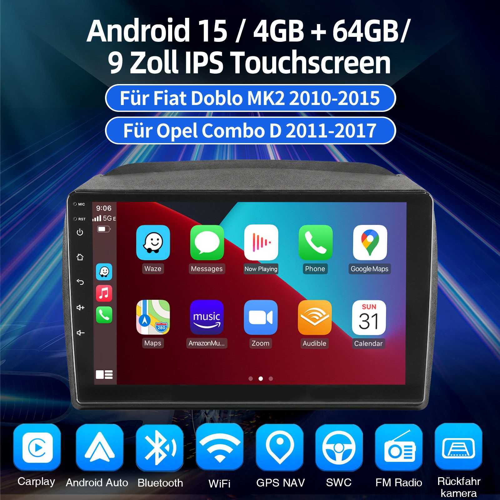 ESSGOO DAB+ Für Fiat Doblo MK2/Opel Combo D 9" Android 15 Autoradio GPS Navi Autoradio (RDS, 4+64GB(optional), Digitalradio (DAB), AM, SWC, Carplay Android Auto Bluetooth EQ USB GPS Navi WIFI Touchscreen)