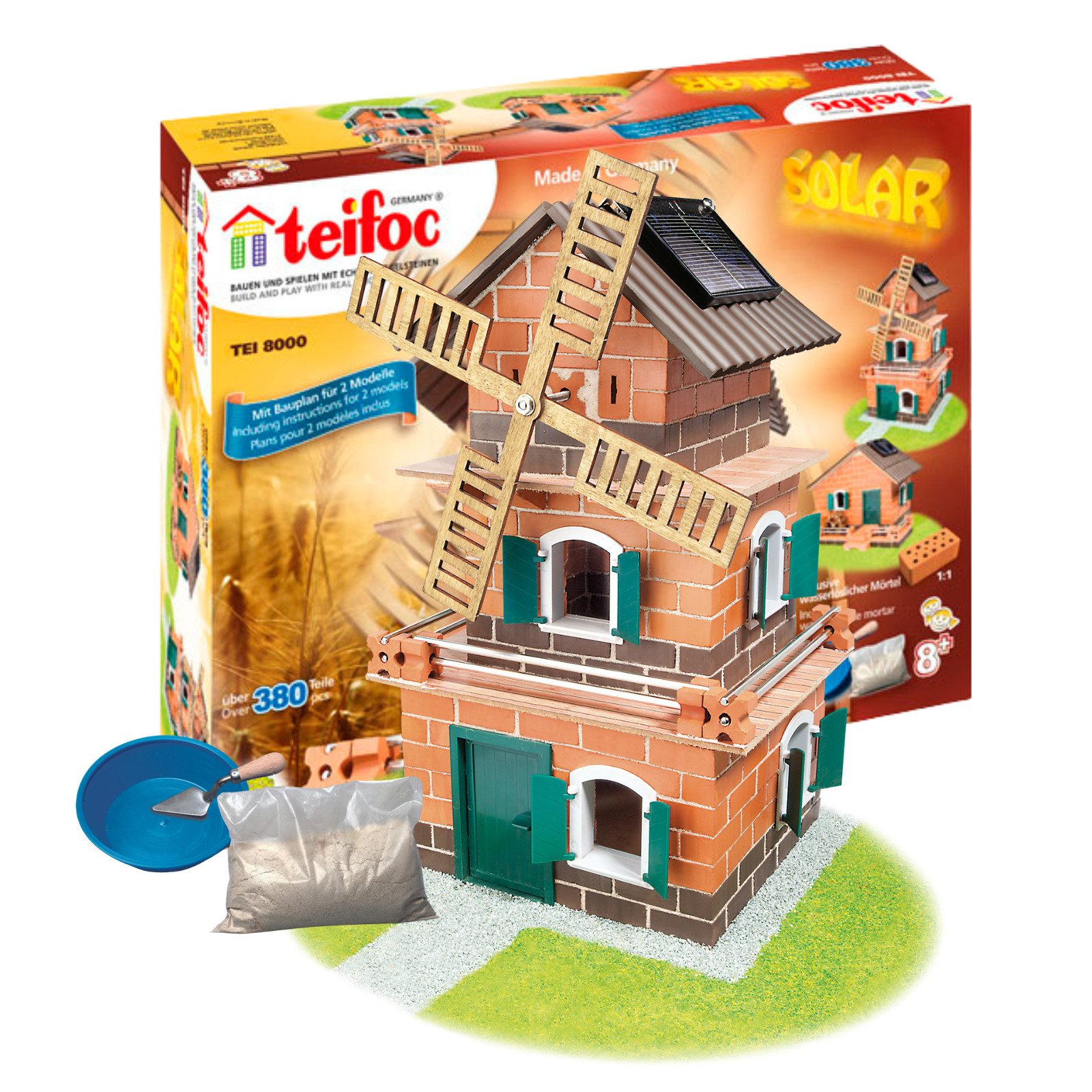 teifoc Solar Windmühle und Wassermühle Steinbaukasten, (Modellbausatz, 380 St., MINT Lernspielzeug), Solarbetrieben, Made in Germany