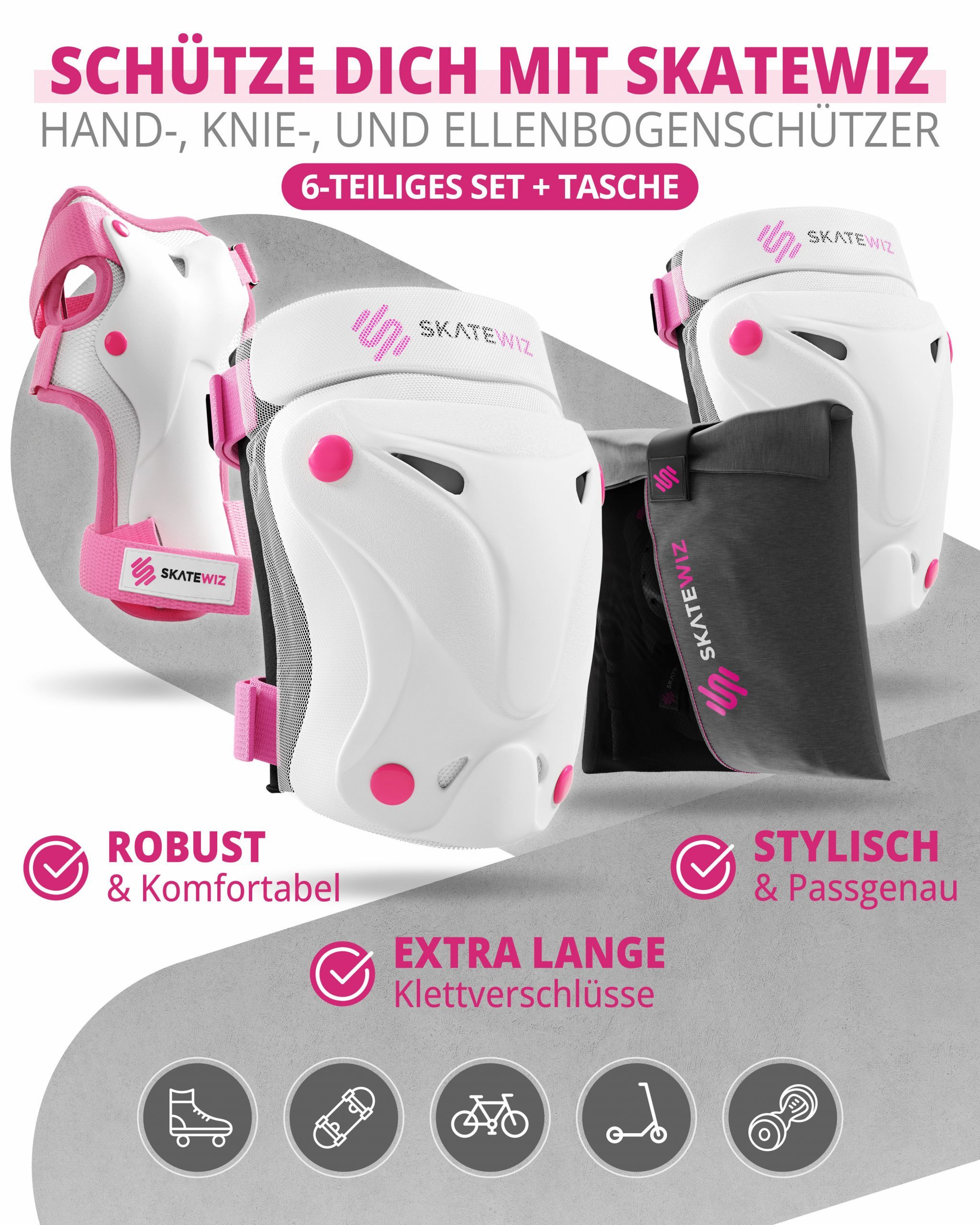 SKATEWIZ Protektoren-Set Schützer Skateboard ab 8 Jahre Protektoren Kinder und Erwachsene (Inline Skate Schonerset, 6-tlg., Knieschoner Geschenke für Kinder - Inliner Schoner), Inline Skate, Skateboard & Schlittschuhe Schoner