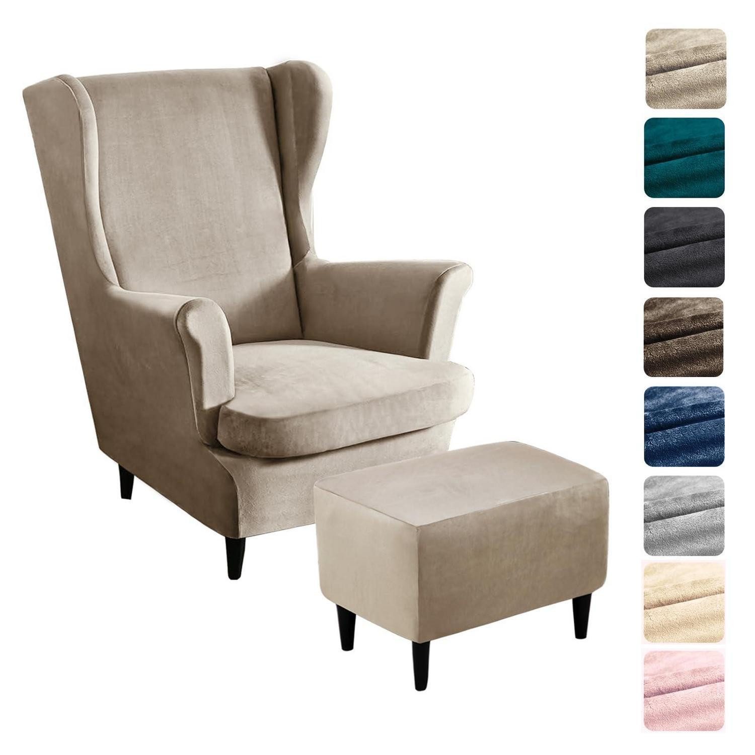 LuxusKollektion Hussen-Set Sesselhusse Ohrensessel Ottomane Stretch Samt Champagne 3 Teilig