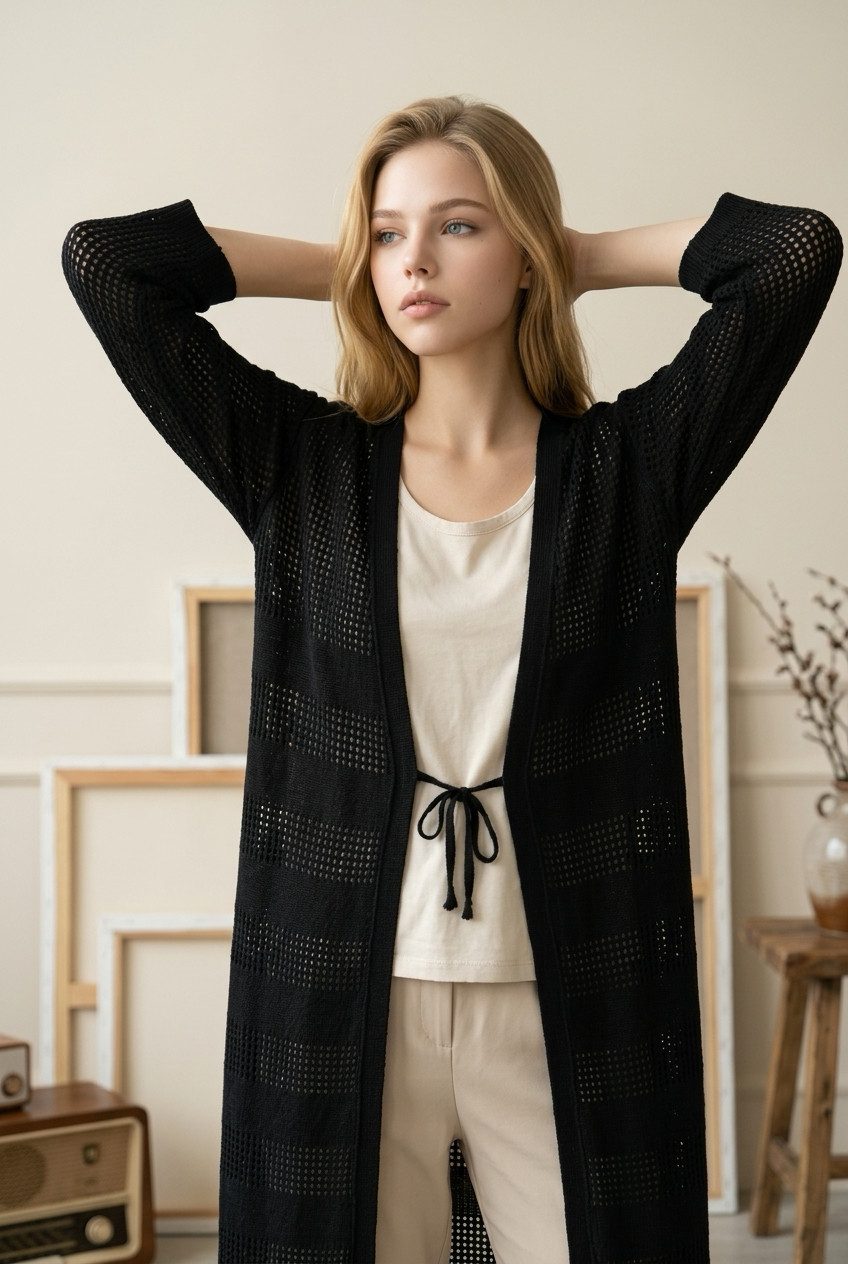 Zuckerwatte Strickjacke 78022 luftige Strickjacke mit modischem Lochstrick