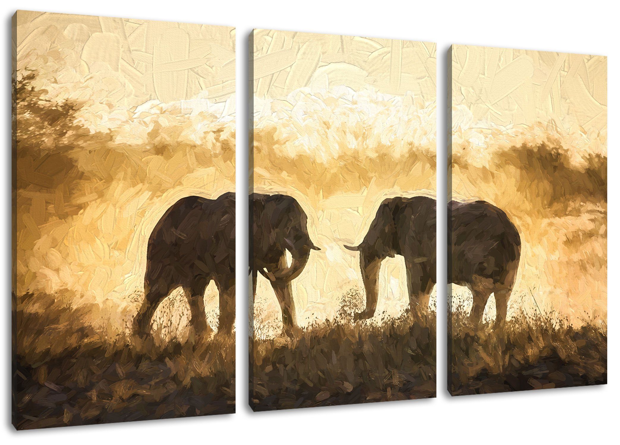 Pixxprint Leinwandbild kämpfende Elefanten Kunst, kämpfende Elefanten Kunst 3Teiler (120x80cm) (1 St), Leinwandbild fertig bespannt, inkl. Zackenaufhänger