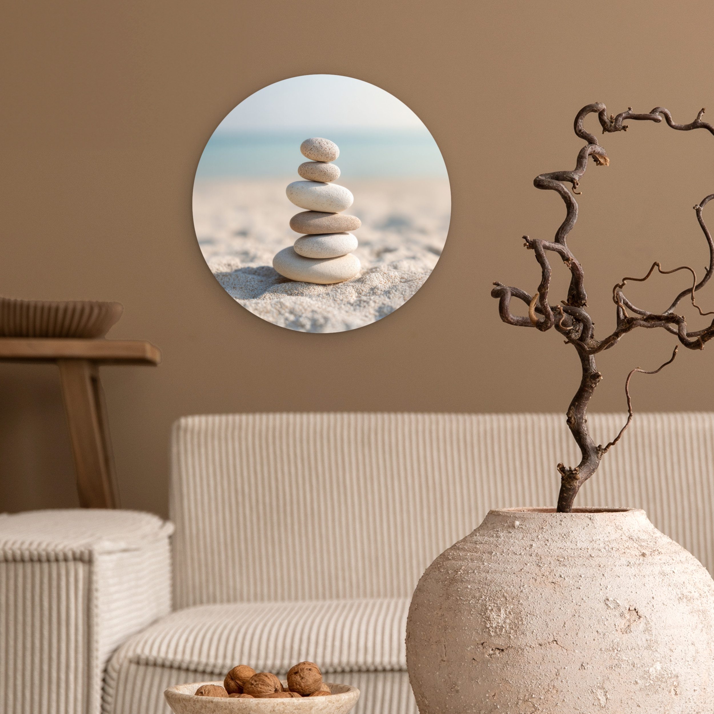 MuchoWow Gemälde Steine - Stapel - Sand - Meer, Fotodruck (1 St), Kreis Wanddekoration, Rundes Wandbild, 30x30 cm