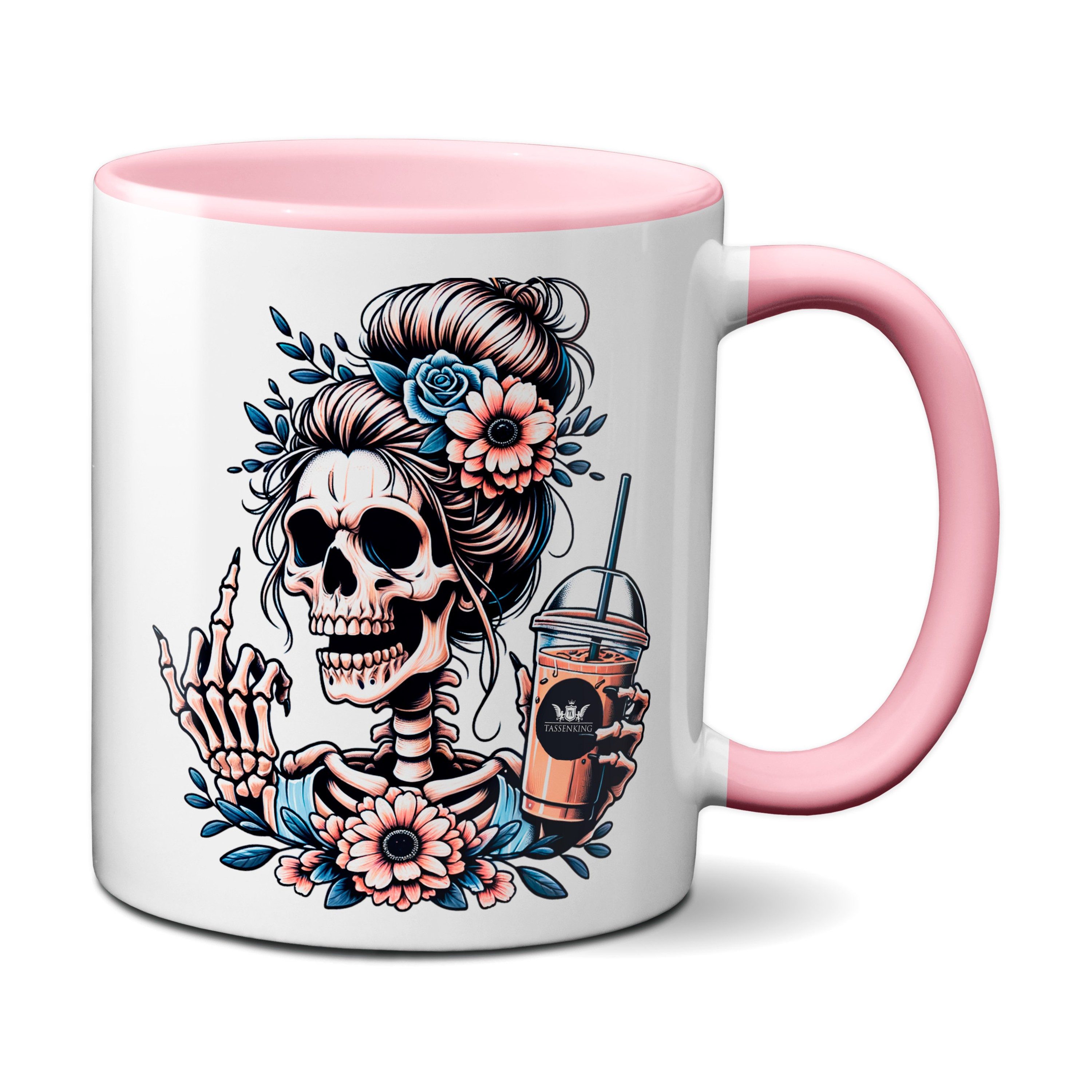 TASSENKING Tasse, Skull Frau mit Mittelfinger (FuckOff) und Kaffee / Rosa