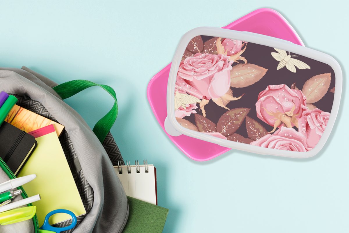 - Kunststoff Kunststoff, Brotdose - Kinder, Schmetterlinge Lunchbox Rosen Erwachsene, (2-tlg), für Weiß, Rosa Brotbox Snackbox, MuchoWow Mädchen, -