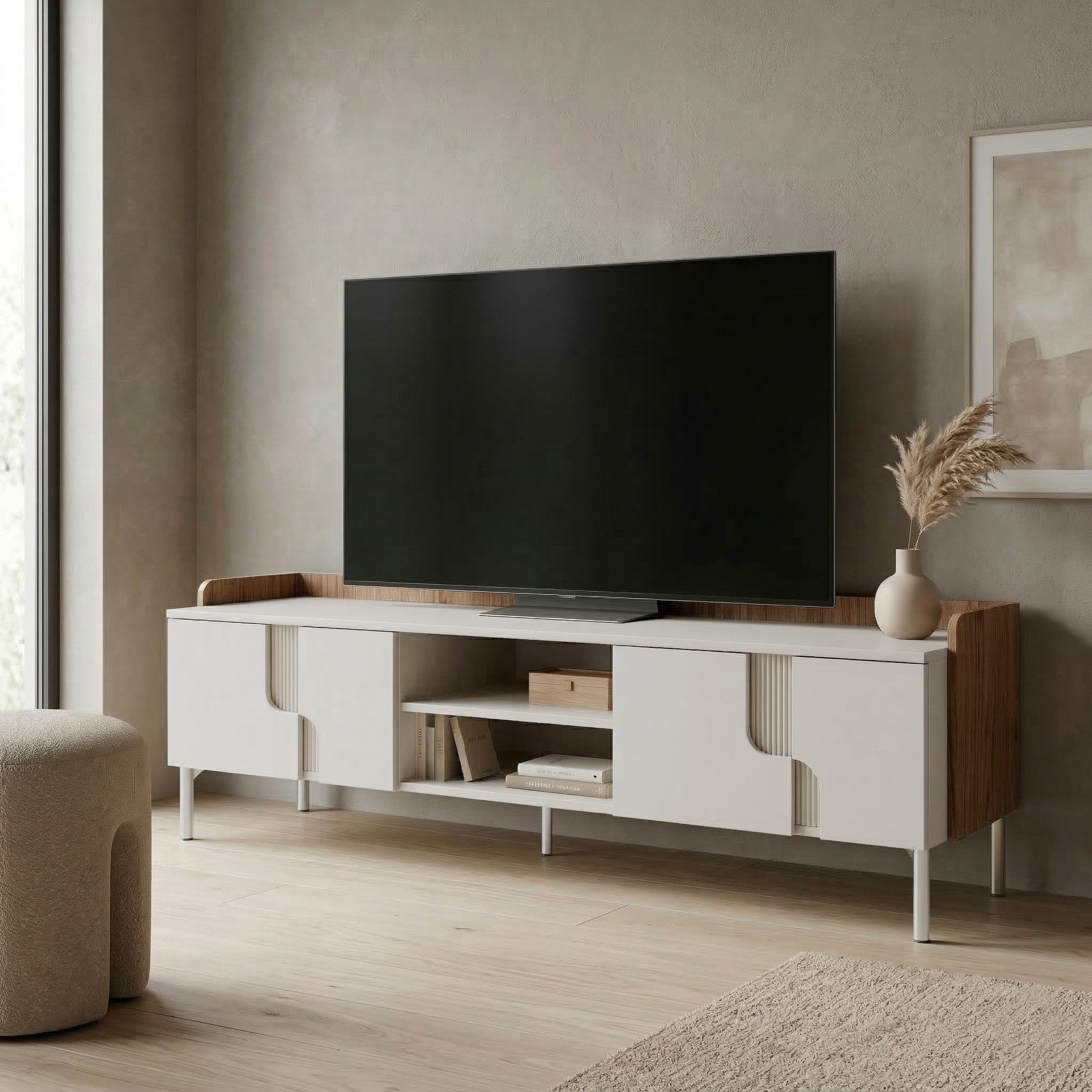 Beautysofa Lowboard POSITIVO Skandinavisches Design mit 4 Türen (TV-Schrank mit geriffelte Details, 2 offene Fächer, Tip-On-System), Breite: 160 cm