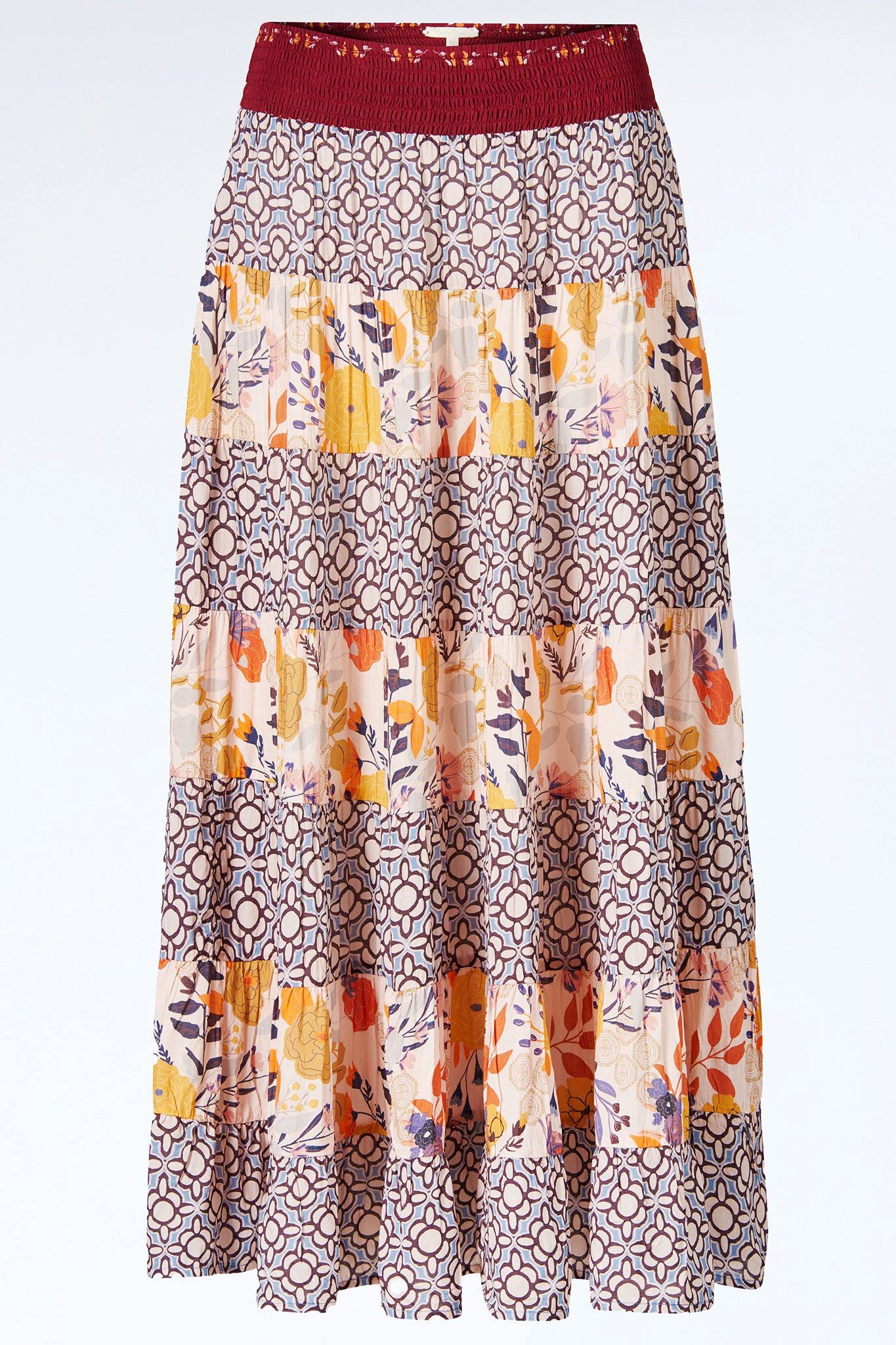 Himalaya Clothing Stufenrock Rock Damen aus kunstvollen Stufen mit Ornamenten und floralen Motiven Maxirock aus hochwertiger Viskose atmungsaktiv