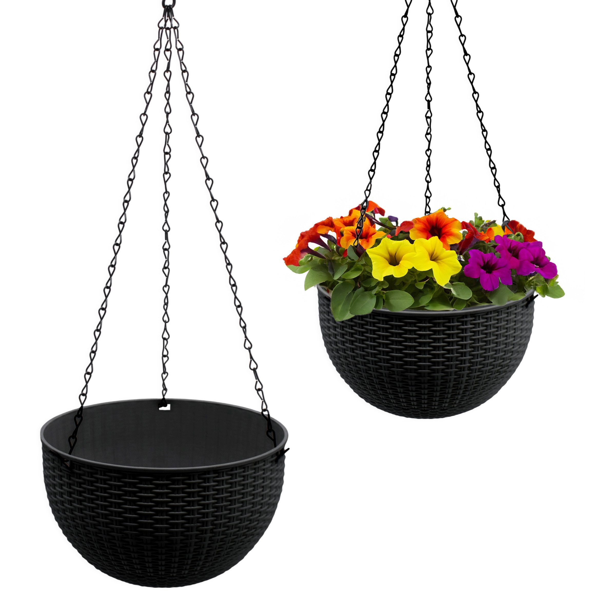 Spetebo Blumenampel in Rattan Optik - 23 cm - mit schwarzer Metallkette (Anzahl, 1 St., Stück), Drainage mit Verschluss-Stopfen