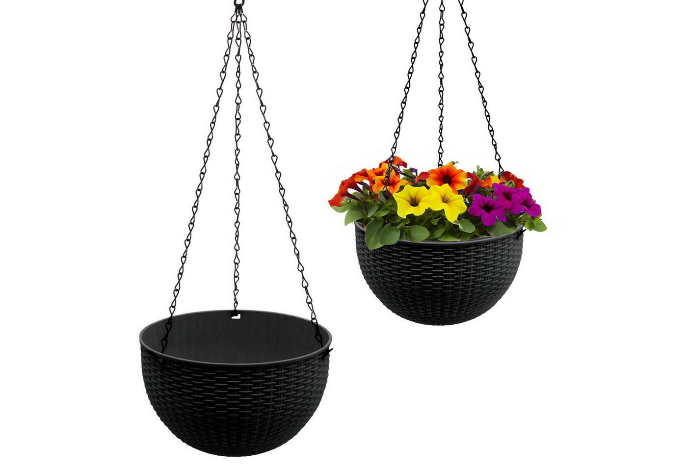 Spetebo Blumenampel in Rattan Optik - 23 cm - mit schwarzer Metallkette (Anzahl, 1 St., Stück), Drainage mit Verschluss-Stopfen
