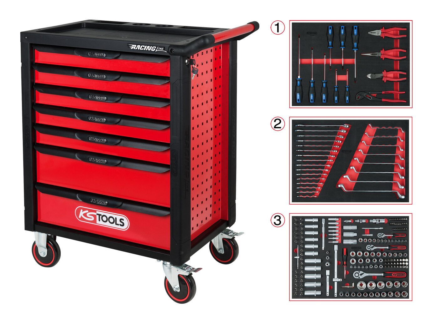 KS Tools Werkstattwagen RACINGline SCHWARZ/ROT, (215-tlg), Werkstattwagen mit 7 Schubladen und 215 Premium-Werkzeugen