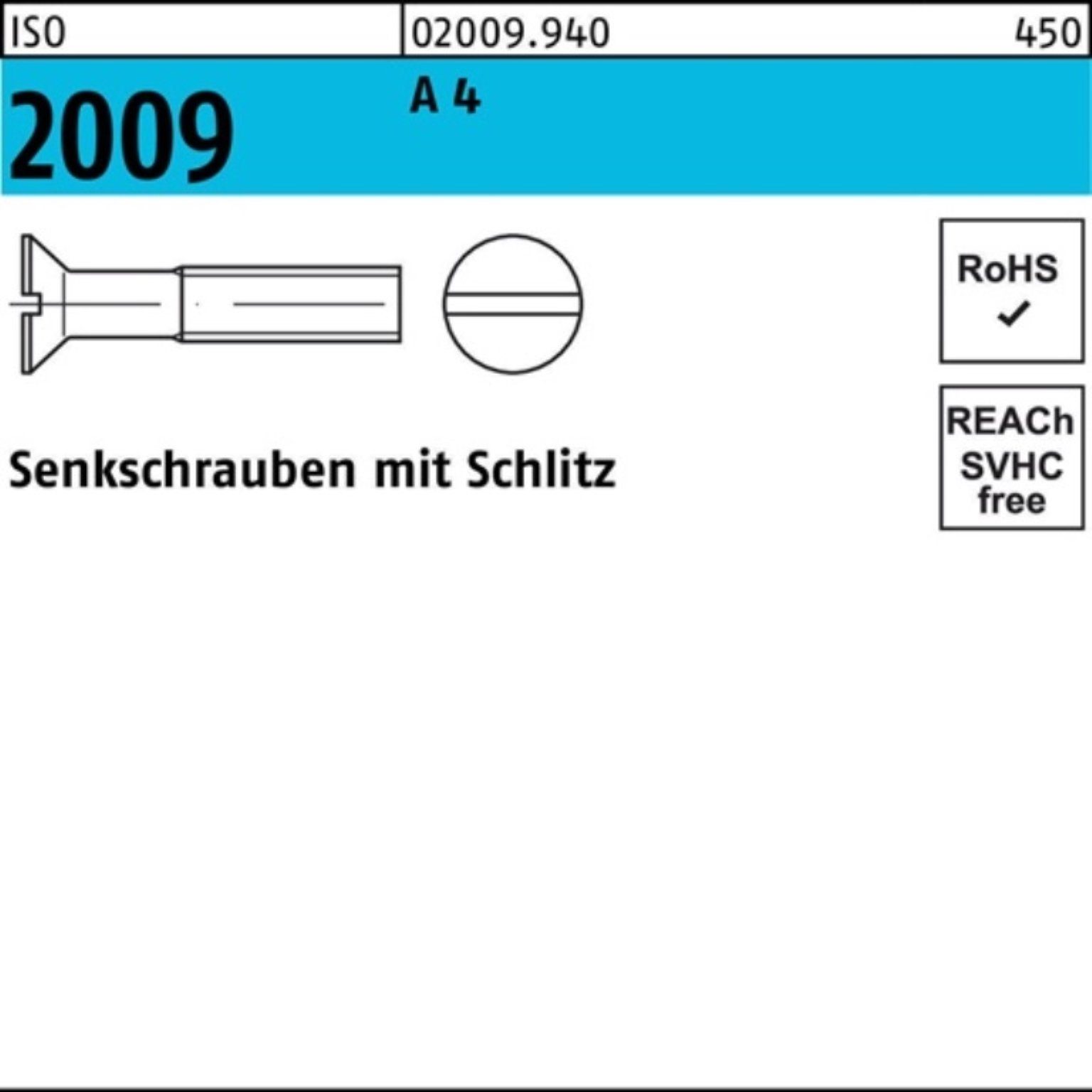 M5x Reyher Senkschraube 500er 500 ISO Stück ISO 2009 Pack 4 Schlitz 2009 A Senkschraube 8