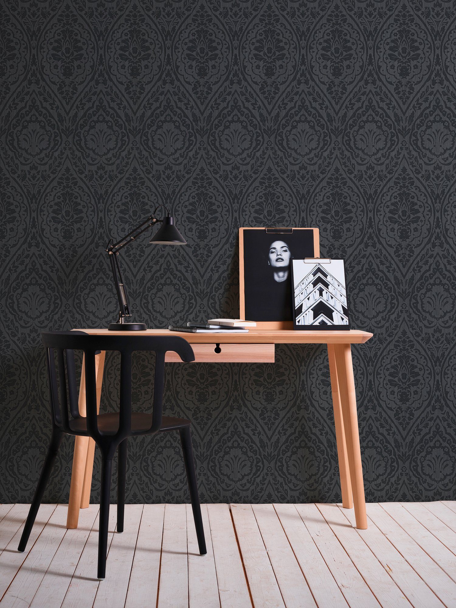 A.S. Création schwarz/grau samtig, Architects Tapete Paper Streifen Barock, Tessuto, Textiltapete