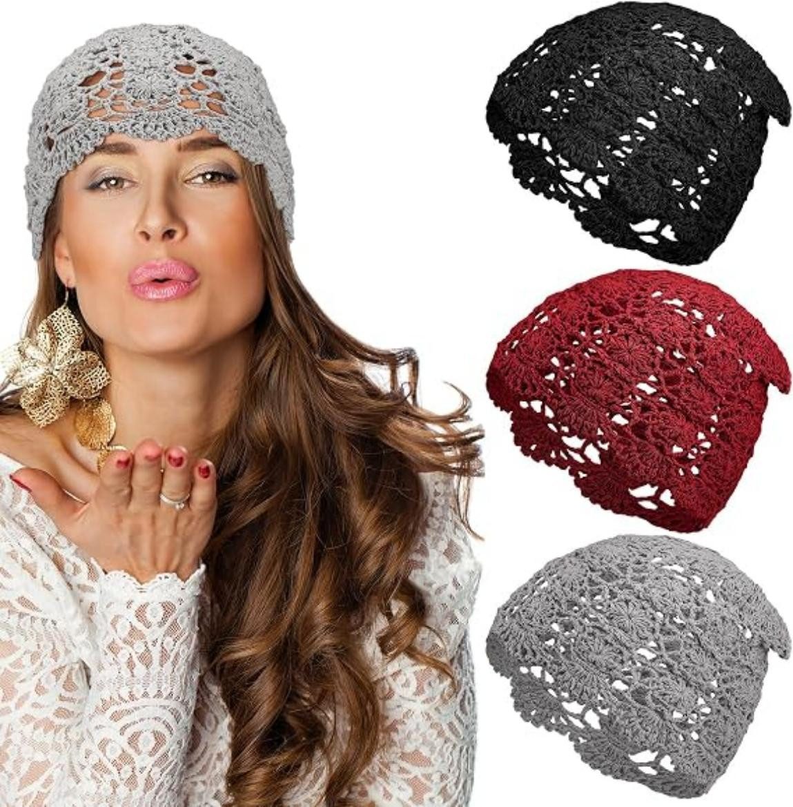 Bwecuy Beanie Baumwolle Häkelmütze Handgemachte Strick Floral Slouchy (3-St)