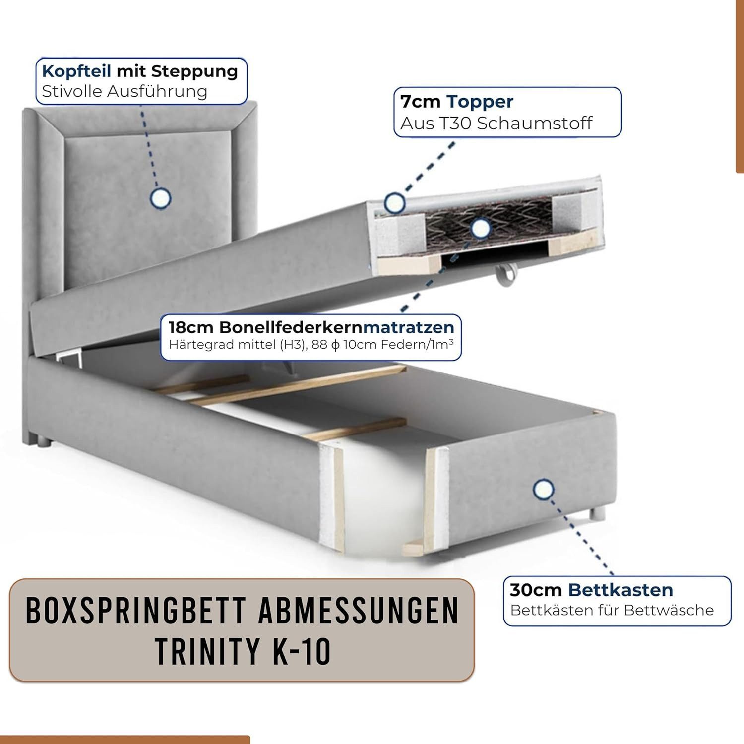 Best for Home Boxspringbett Trinity K10 SINGLE mit Bettkasten & Bonellfederkern, Komfort Topper H3 (Einzelbett, Polsterbett gepolstertes Kopfteil, Jugendbett, Kinderbett versch. Größen, 70x200 80x200 90x200 100x200 cm), mit oder ohne Topper, Flexible Liefermöglichkeiten, Handwerksqualität