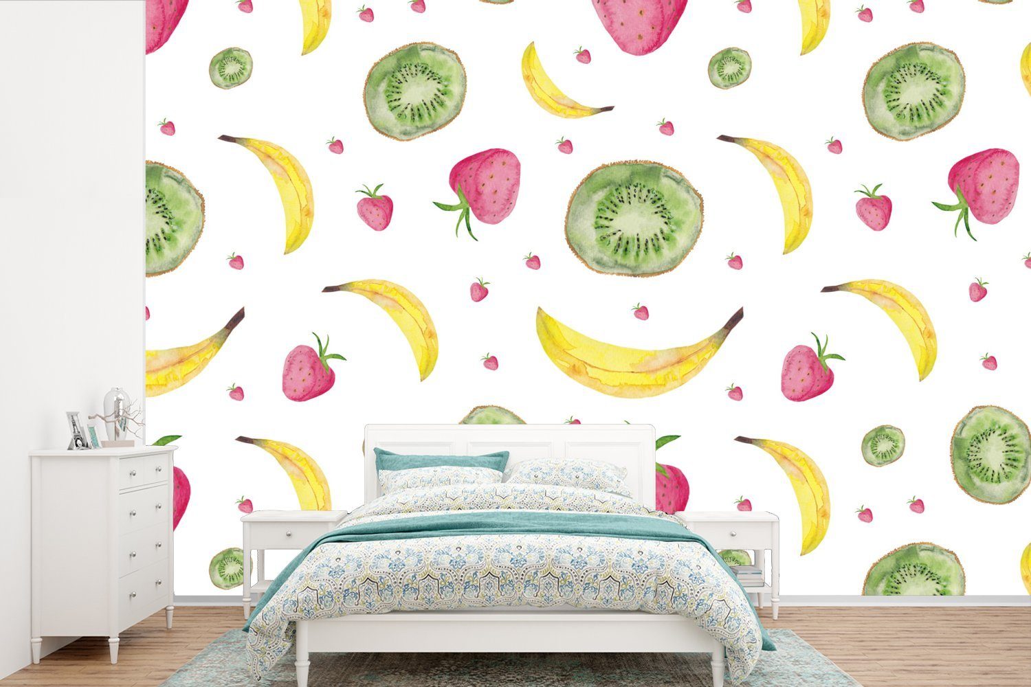 MuchoWow Fototapete Obst - Aquarell - Weiß - Muster, Matt, bedruckt, (6 St), Wallpaper für Wohnzimmer, Schlafzimmer, Kinderzimmer, Vinyl Tapete