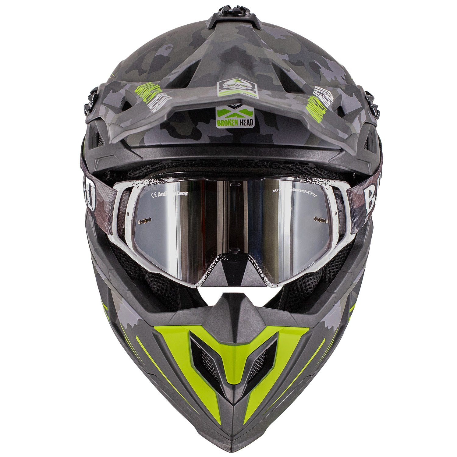 Broken Head Motocrosshelm Squadron Grau-Grün (mit MX-Brille Regulator Schwarz), Mit zwei Verschlüssen