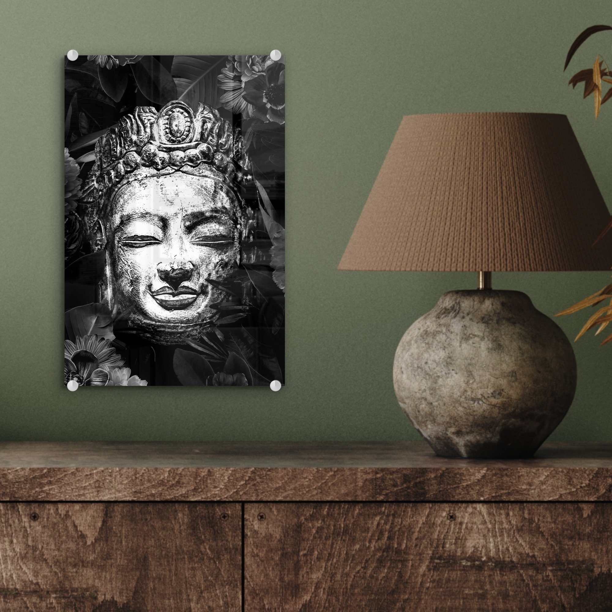 auf - Glas St), bunt auf MuchoWow weiß, und Wandbild - Blättern Kopf (1 eines mit - Acrylglasbild Foto Bilder Blumen Wanddekoration Rauher Buddhas - und schwarz Glas Glasbilder