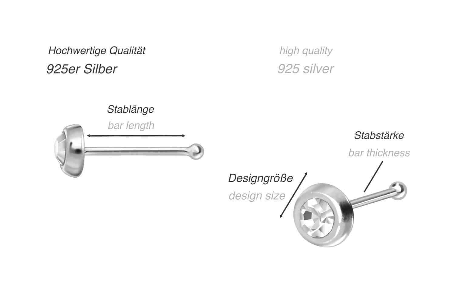 PIERCINGLINE Nasenpiercing 925er Silber Nasenstecker Pin RUNDER KRISTALL (Nasenstecker, 1-tlg)