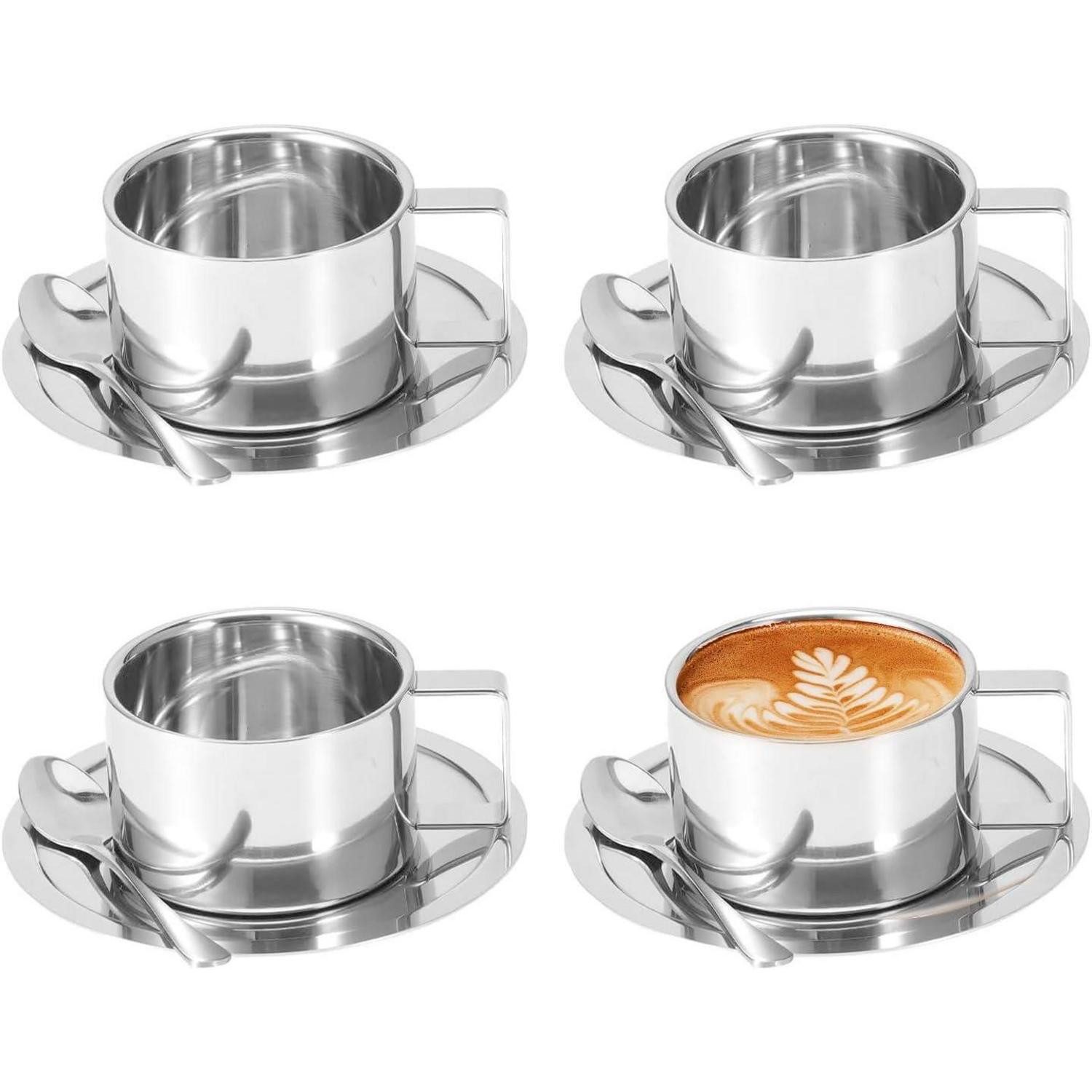 LuxusKollektion Espressotasse Kaffeetassen Edelstahl 200ml Doppelwandig 4er Set, Metall