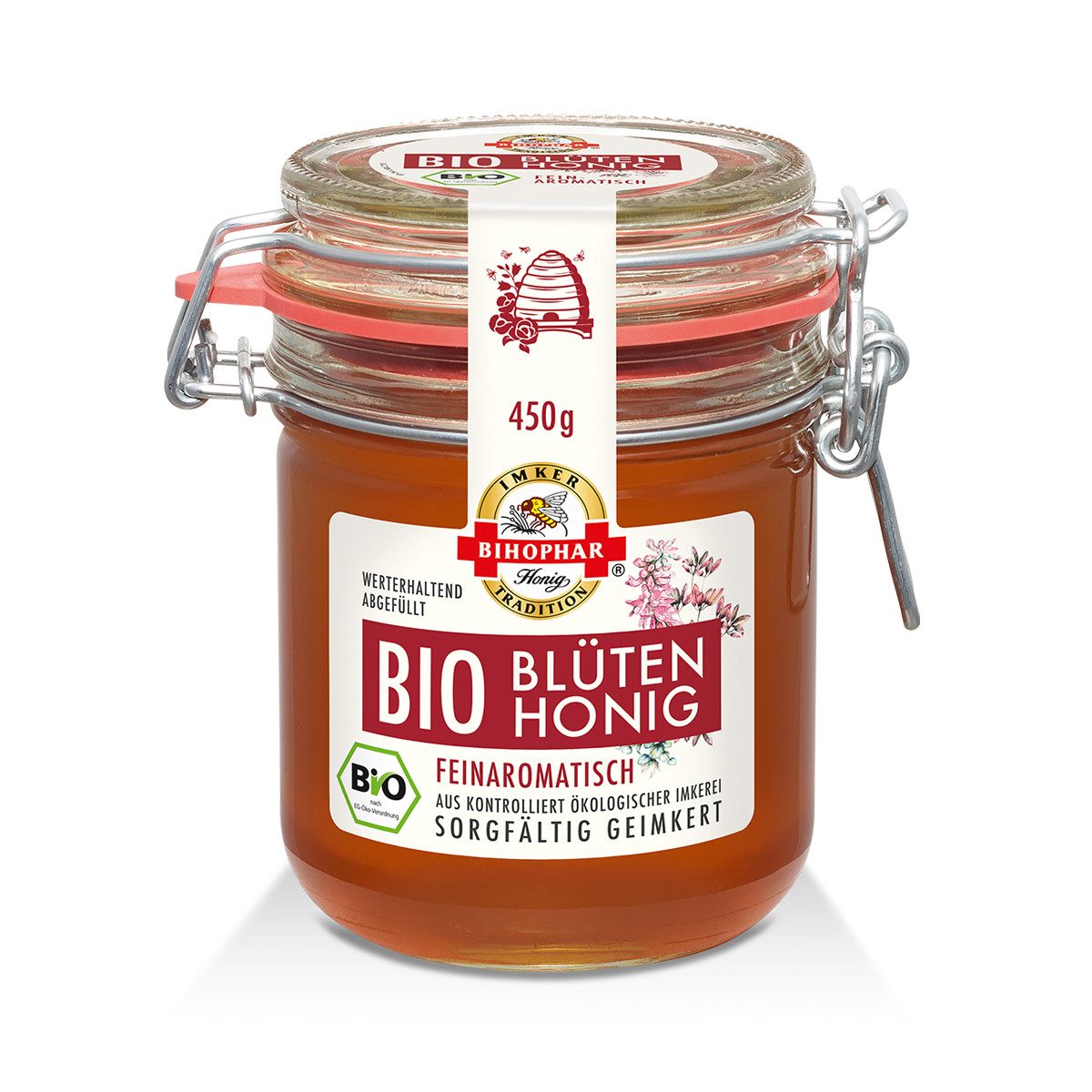 BIHOPHAR Honig, Bihophar Bio Blütenhonig Flüssig im Glas mit Bügelverschluss 450g