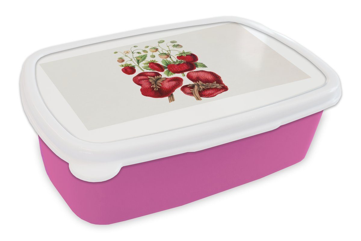 MuchoWow Lunchbox Erdbeeren - Obst - Pflanze, Kunststoff, (2-tlg), Brotbox für Erwachsene, Brotdose Kinder, Snackbox, Mädchen, Kunststoff rosa