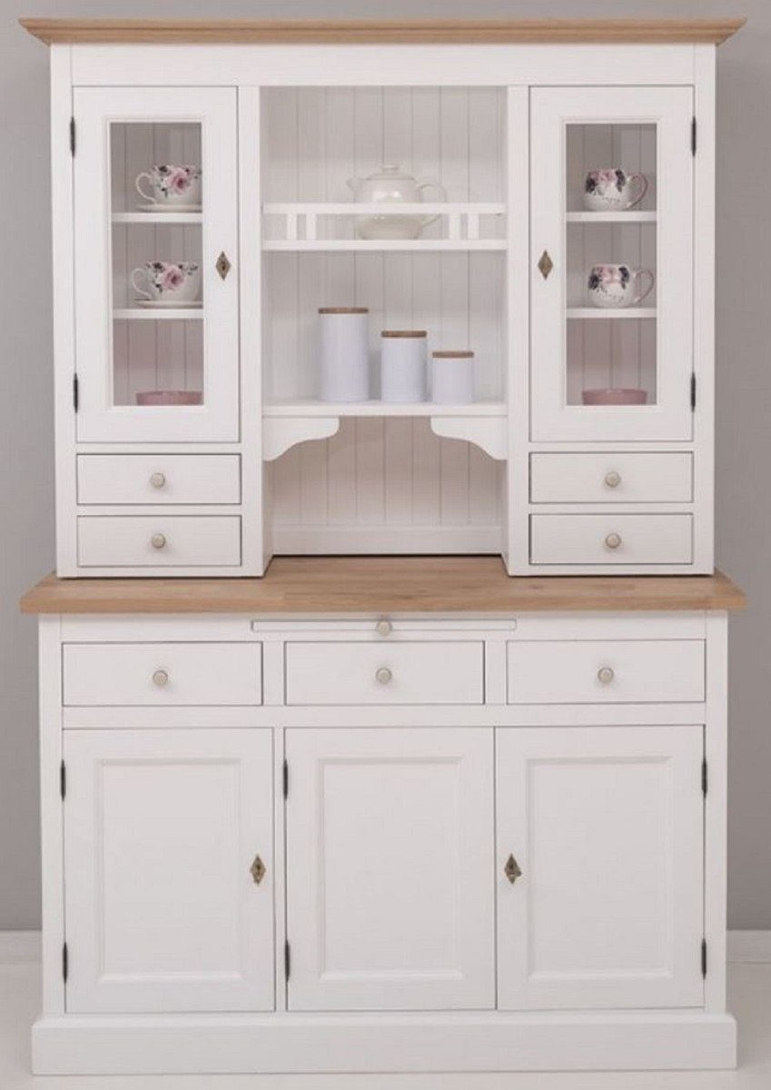 Casa Padrino Küchenbuffet Landhausstil Küchenschrank Weiß / Naturfarben 138 x 50 x H. 197 cm - 2 Teiliger Küchenschrank mit 5 Türen und 7 Schubladen - Landhausstil Küchenmöbel