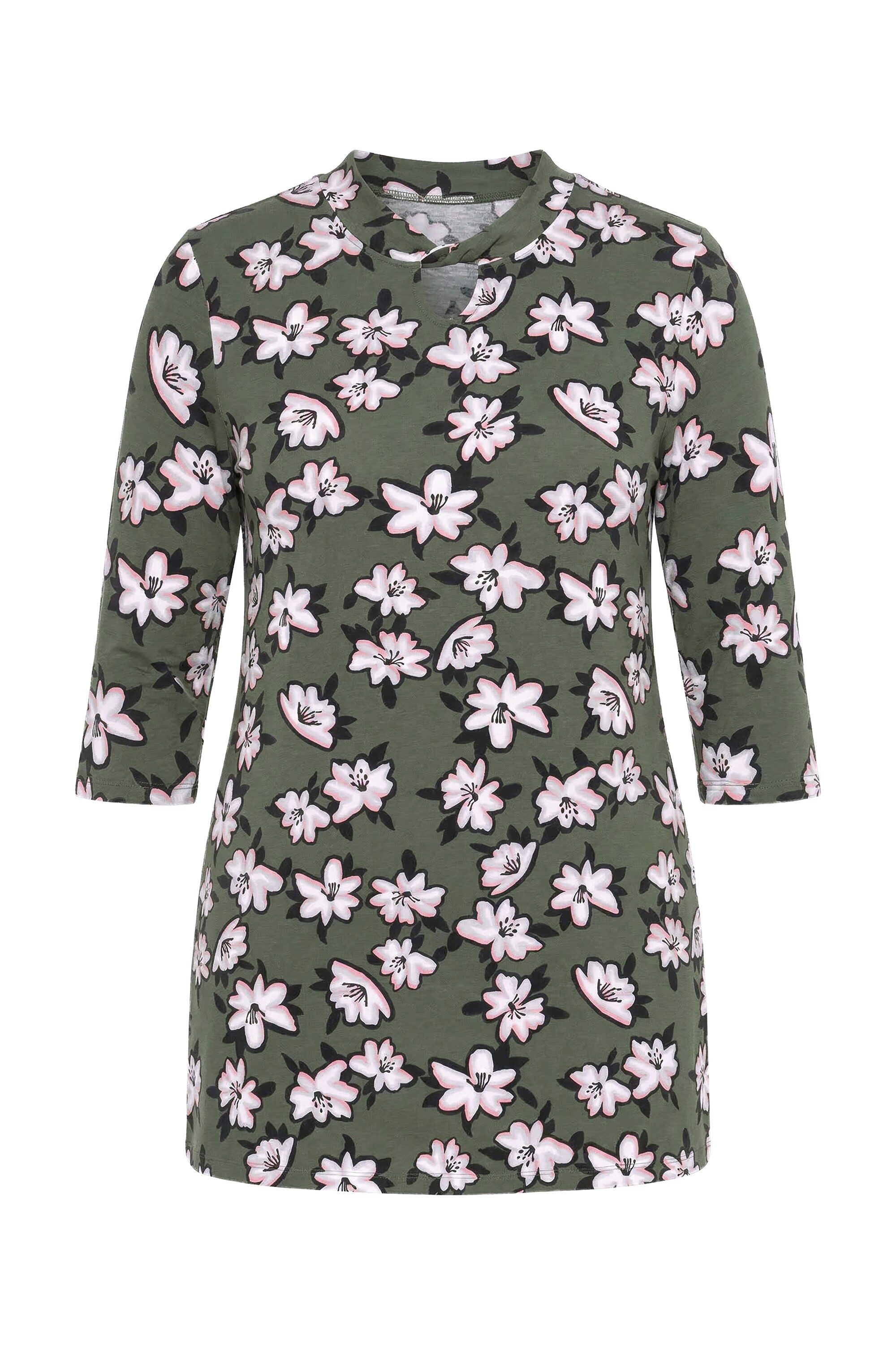 Longshirt Longshirt Blüten A-Linie Stehkragen 3/4-Arm